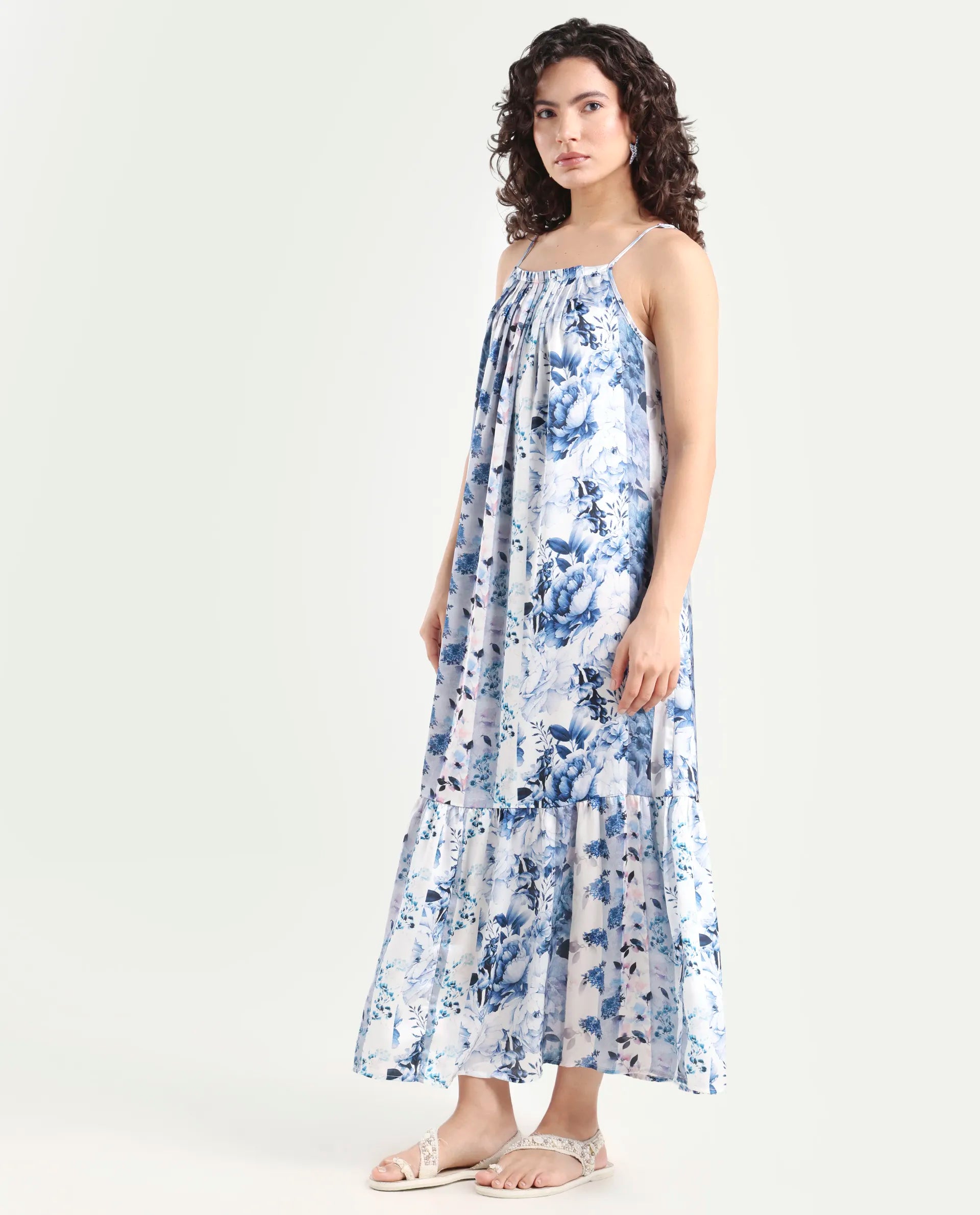 Rareism Women's Macy Blue Polyester Shoulder Strap Floral Print Shoulder Strap Maxi Regular Fit Dress