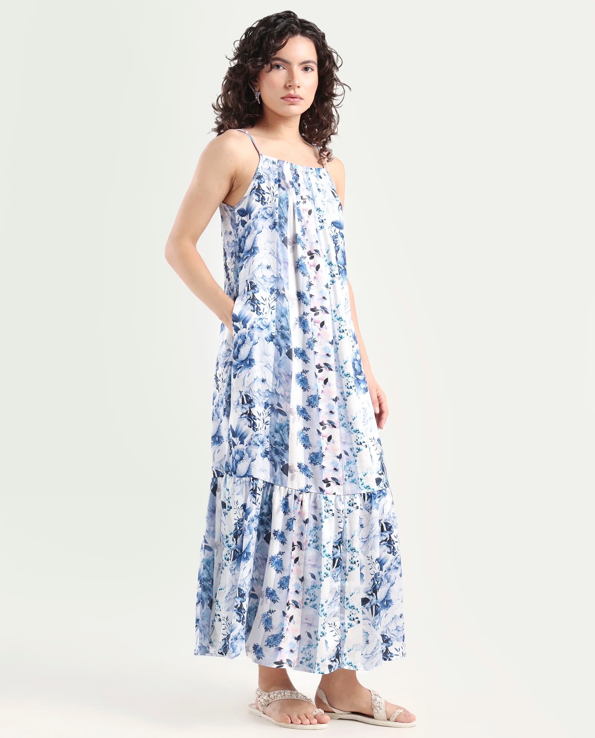 Rareism Women's Macy Blue Polyester Shoulder Strap Floral Print Shoulder Strap Maxi Regular Fit Dress