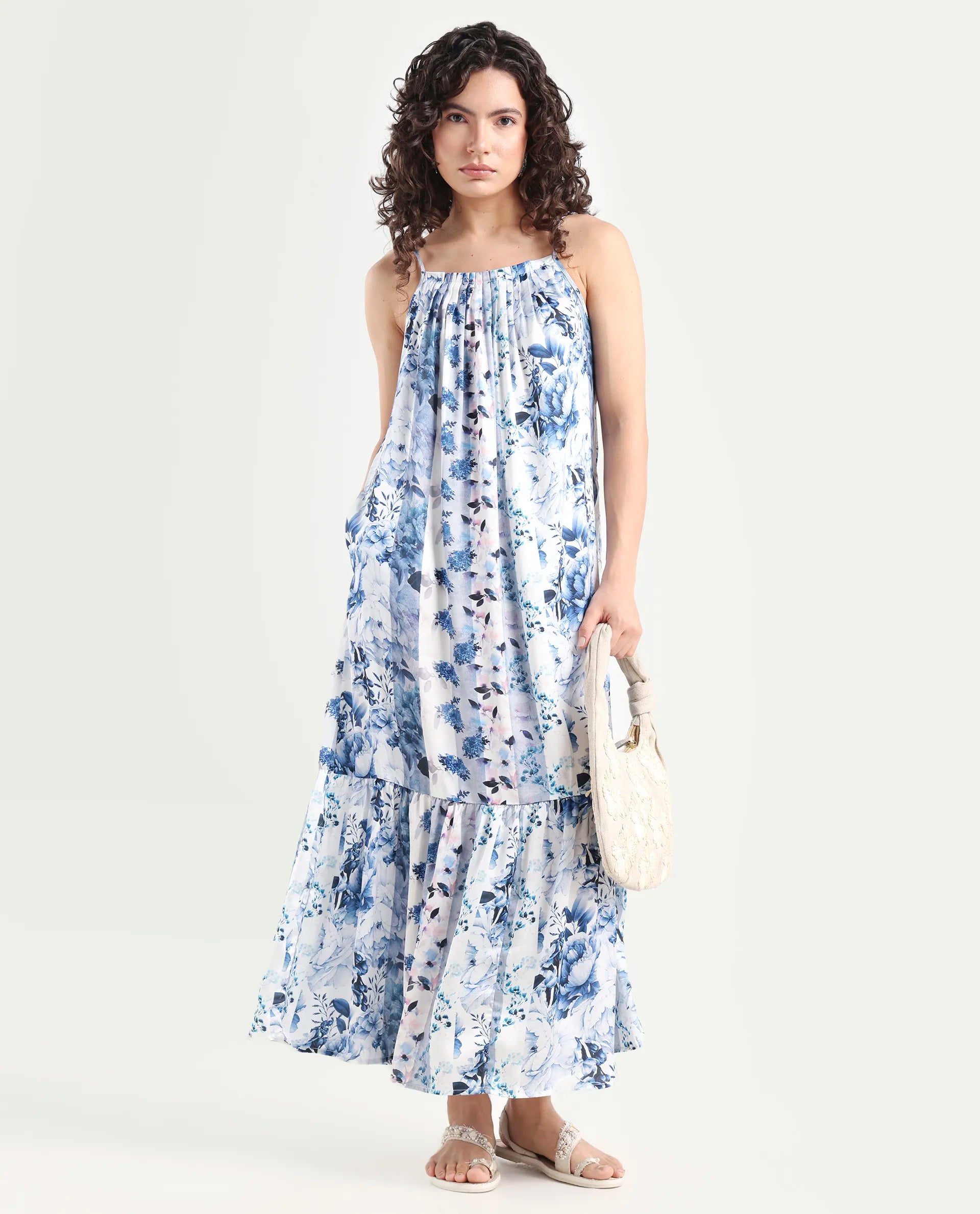 Rareism Women's Macy Blue Polyester Shoulder Strap Floral Print Shoulder Strap Maxi Regular Fit Dress