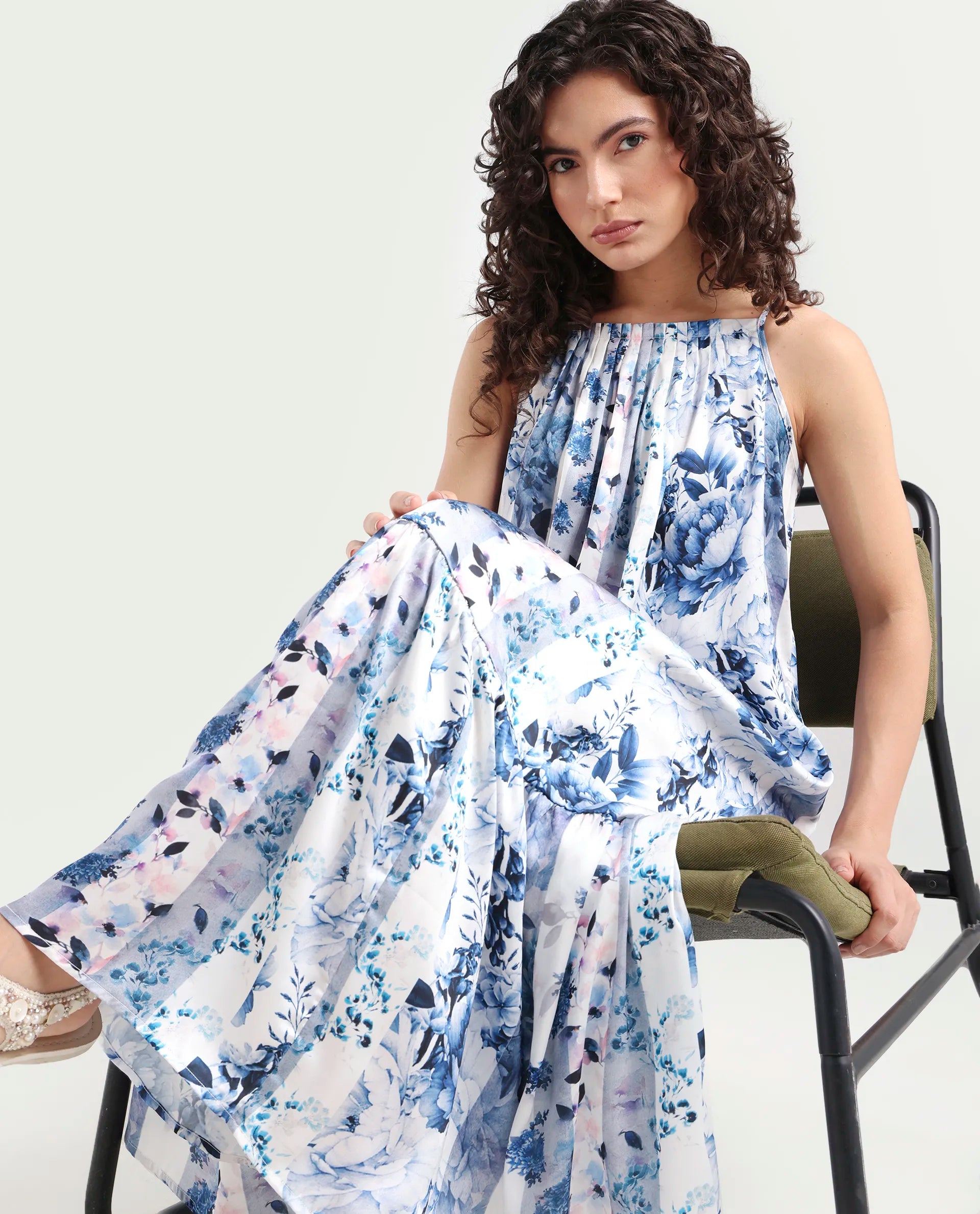 Rareism Women's Macy Blue Polyester Shoulder Strap Floral Print Shoulder Strap Maxi Regular Fit Dress
