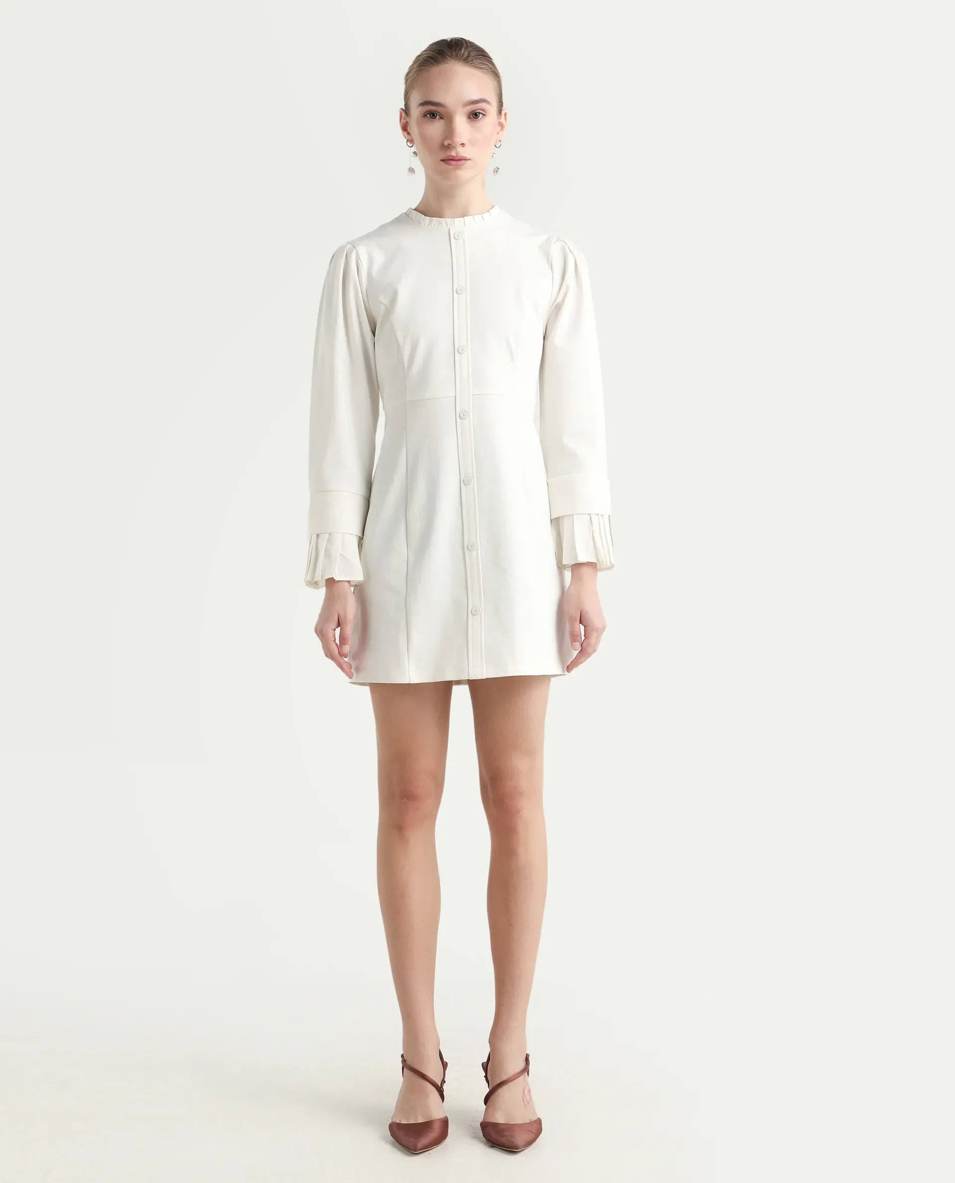 Rareism Women's Mafis White Polyester Blend Ruffled Neck Plain Fashion Sleeve Mini Straight Fit Dress