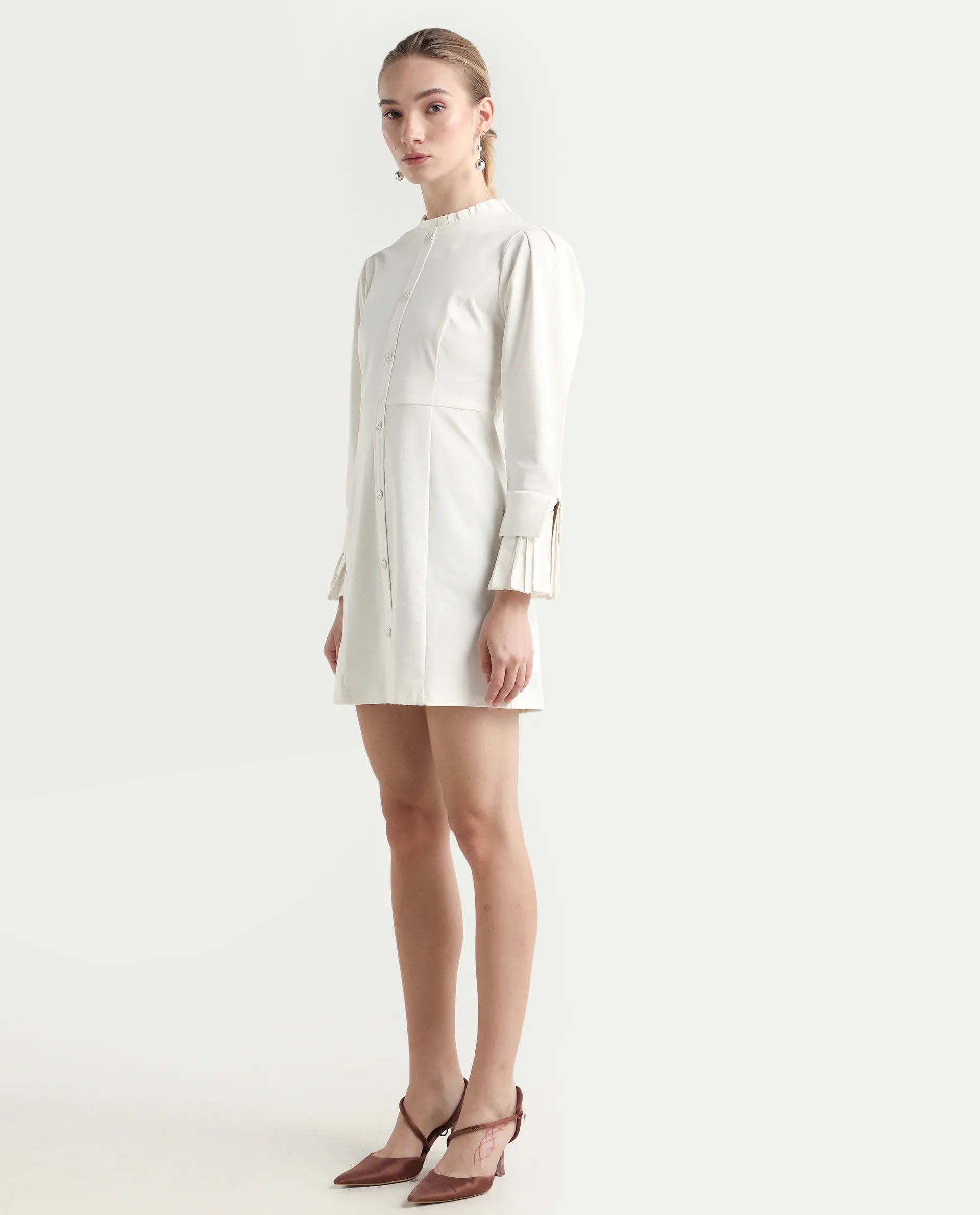 Rareism Women's Mafis White Polyester Blend Ruffled Neck Plain Fashion Sleeve Mini Straight Fit Dress