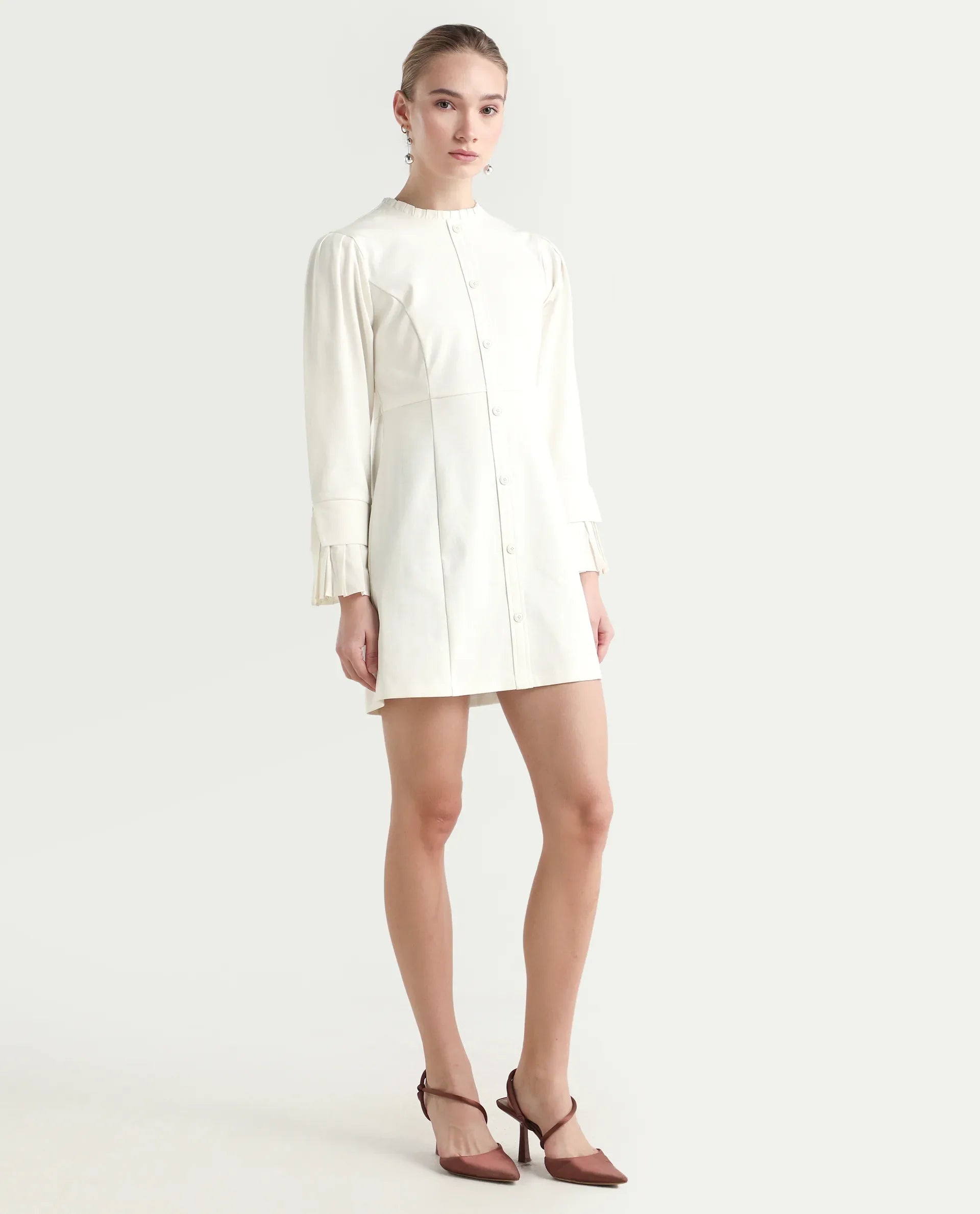 Rareism Women's Mafis White Polyester Blend Ruffled Neck Plain Fashion Sleeve Mini Straight Fit Dress