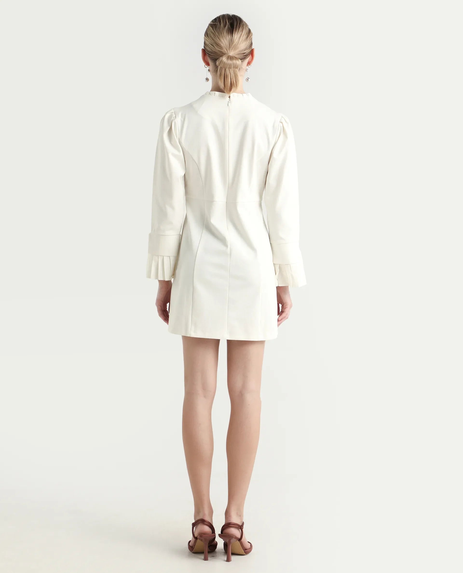 Rareism Women's Mafis White Polyester Blend Ruffled Neck Plain Fashion Sleeve Mini Straight Fit Dress