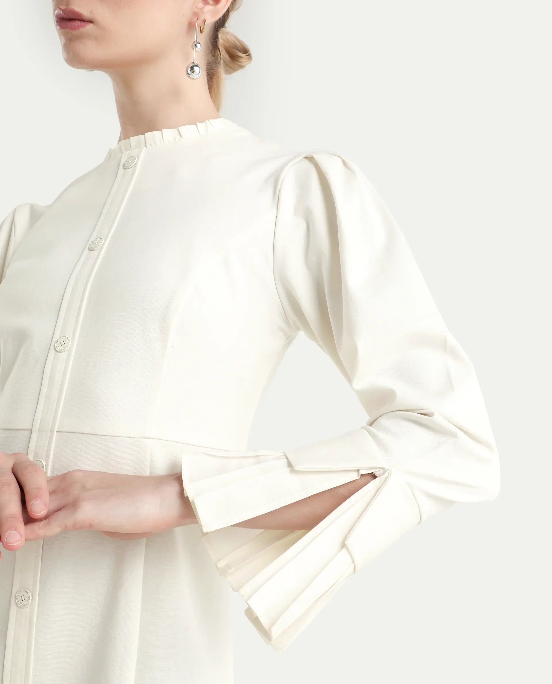 Rareism Women's Mafis White Polyester Blend Ruffled Neck Plain Fashion Sleeve Mini Straight Fit Dress