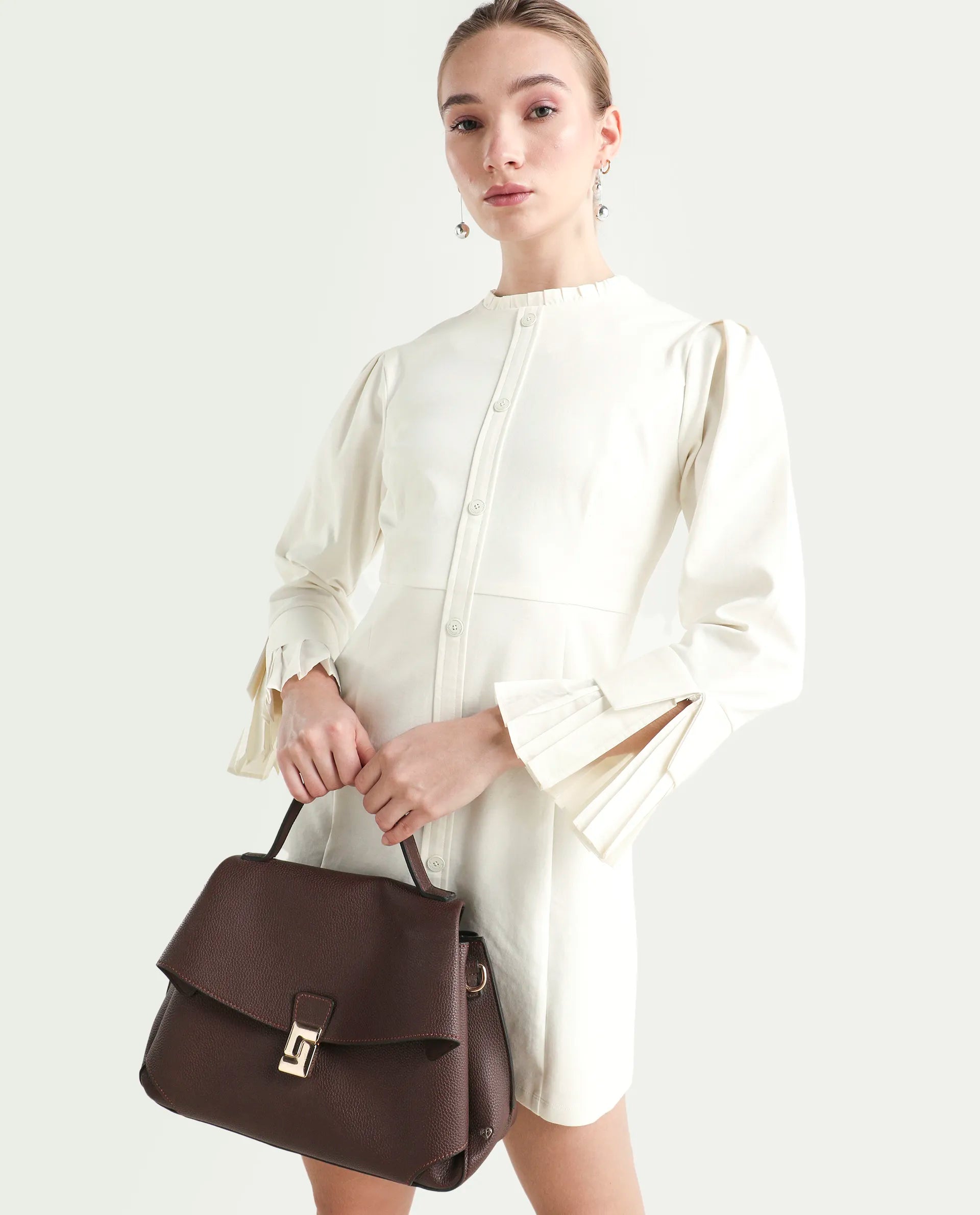 Rareism Women's Mafis White Polyester Blend Ruffled Neck Plain Fashion Sleeve Mini Straight Fit Dress