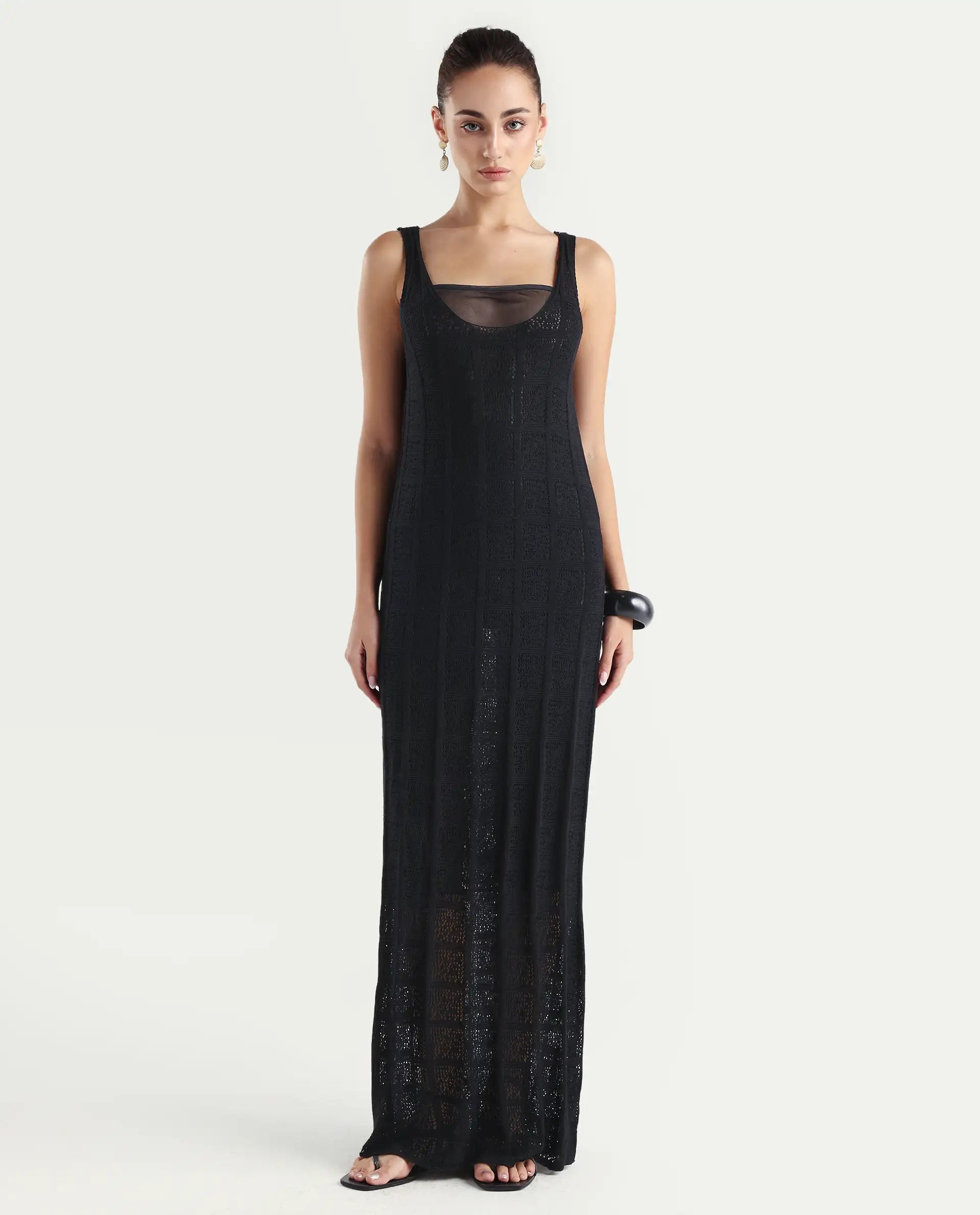 Rareism Women's Majoka Black Viscose U-Neck Plain Sleeveless Maxi Bodycon Dress
