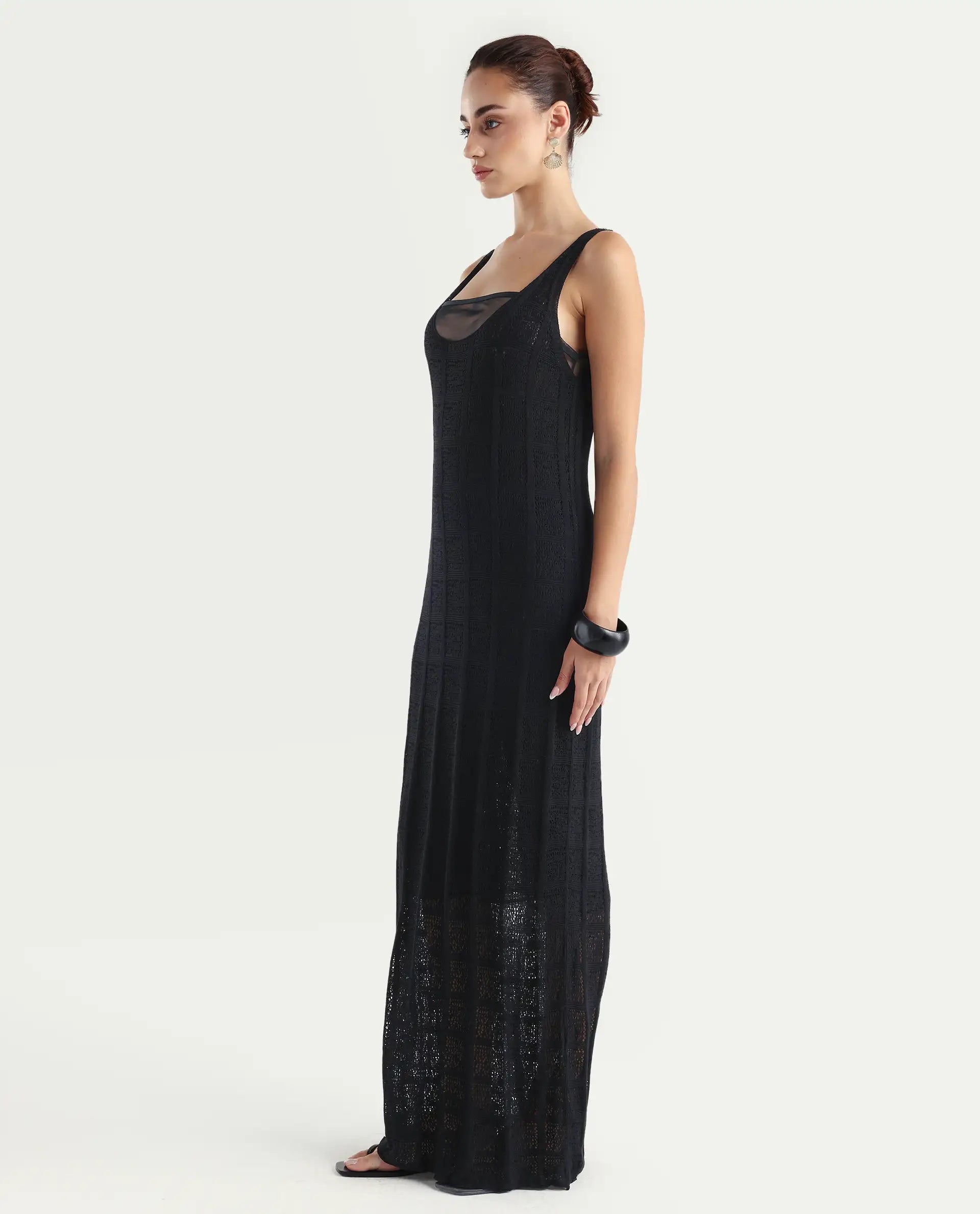 Rareism Women's Majoka Black Viscose U-Neck Plain Sleeveless Maxi Bodycon Dress