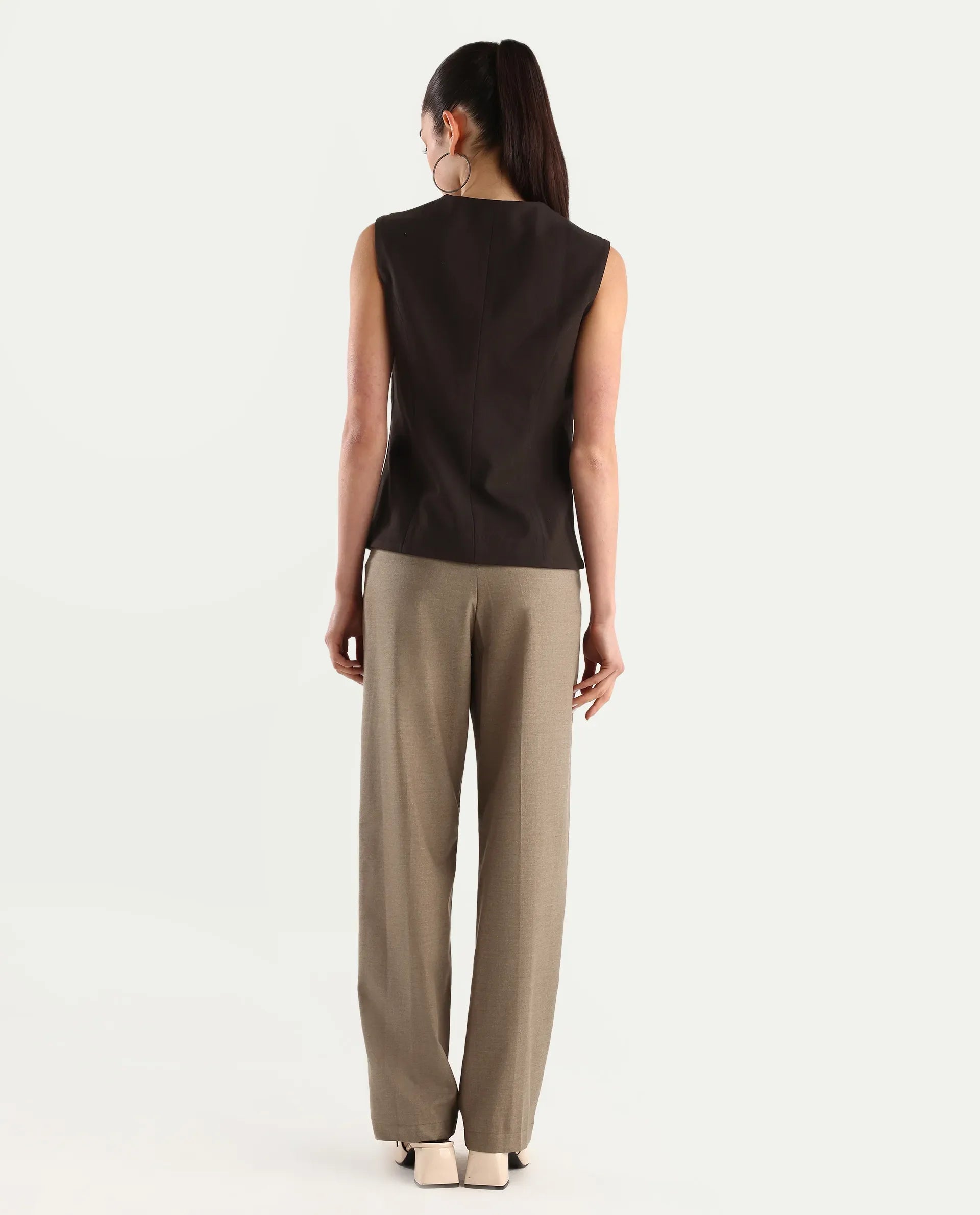 Rareism Women's Mals Beige Polyester Blend Plain Ankle Length Tapered Trouser
