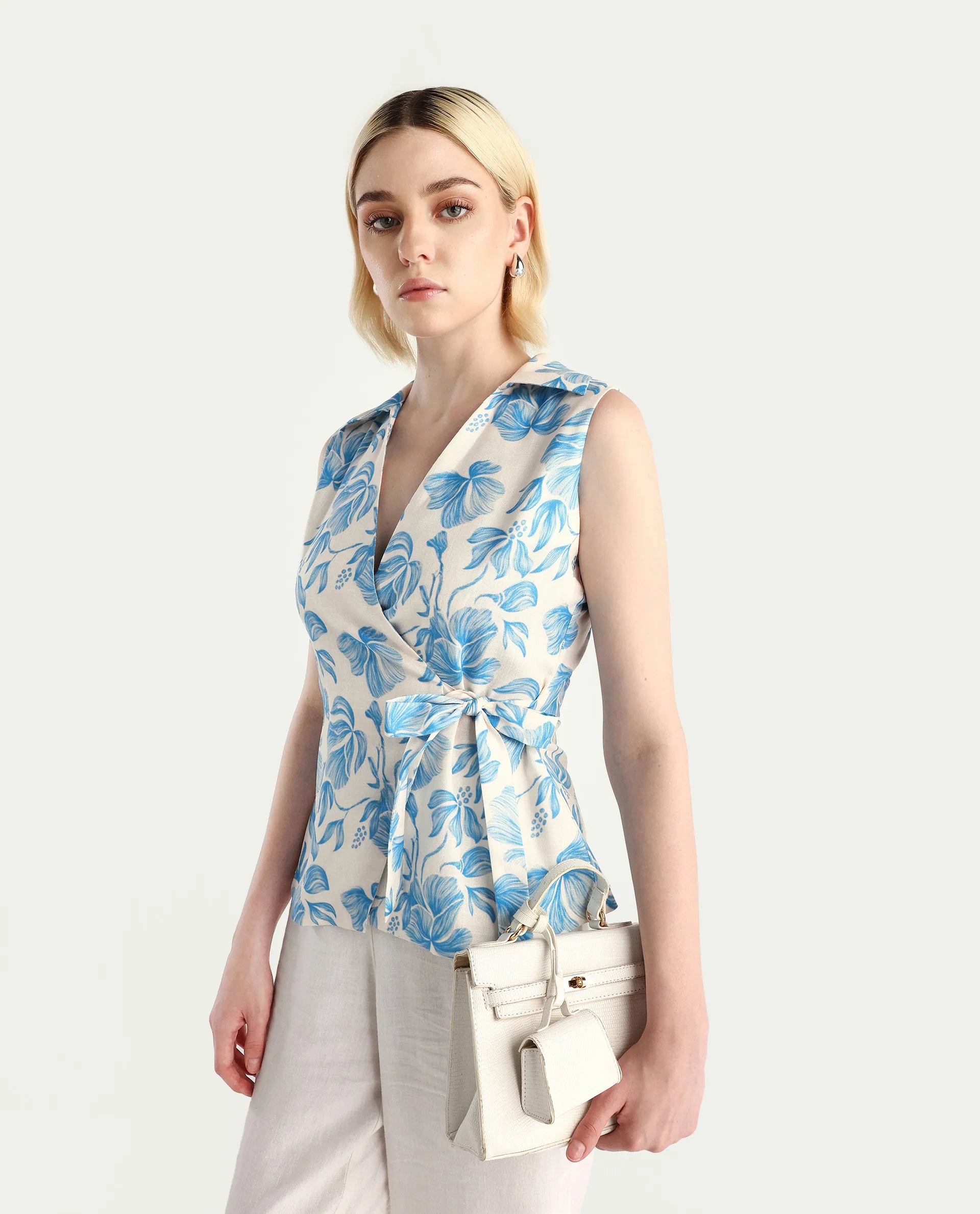 Rareism Women's Marlapi Blue Polyester Jonny Collar Fitted Top