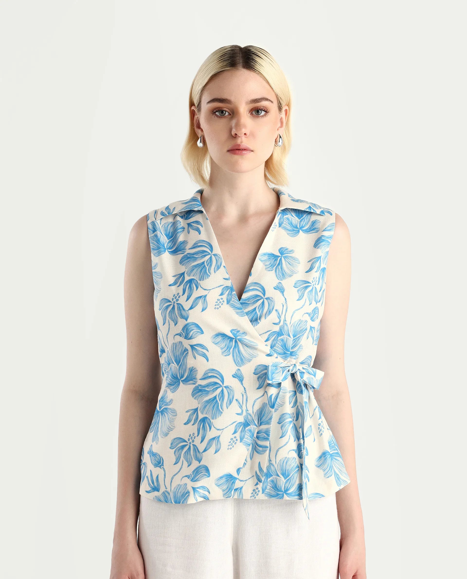 Rareism Women's Marlapi Blue Polyester Jonny Collar Fitted Top