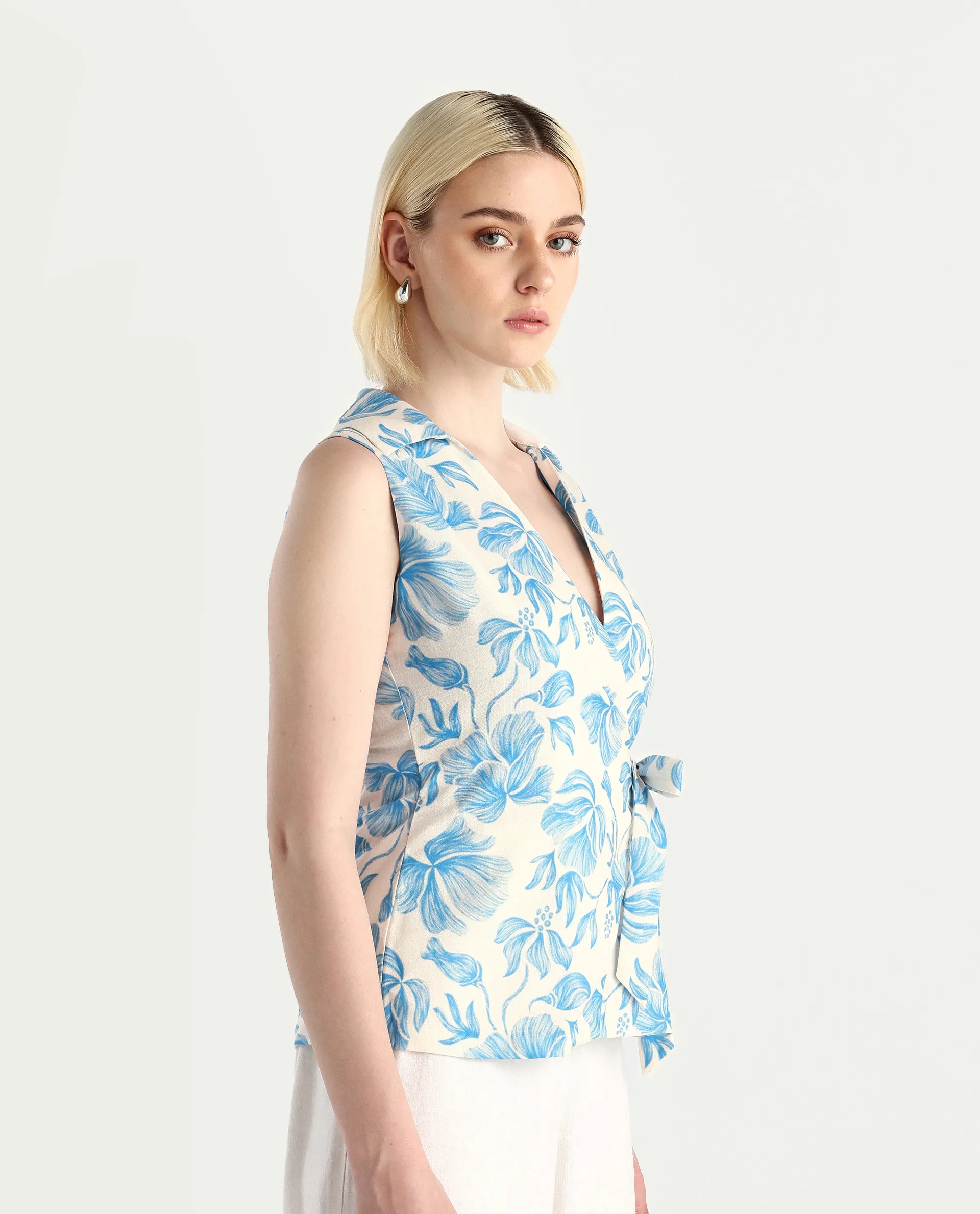 Rareism Women's Marlapi Blue Polyester Jonny Collar Fitted Top