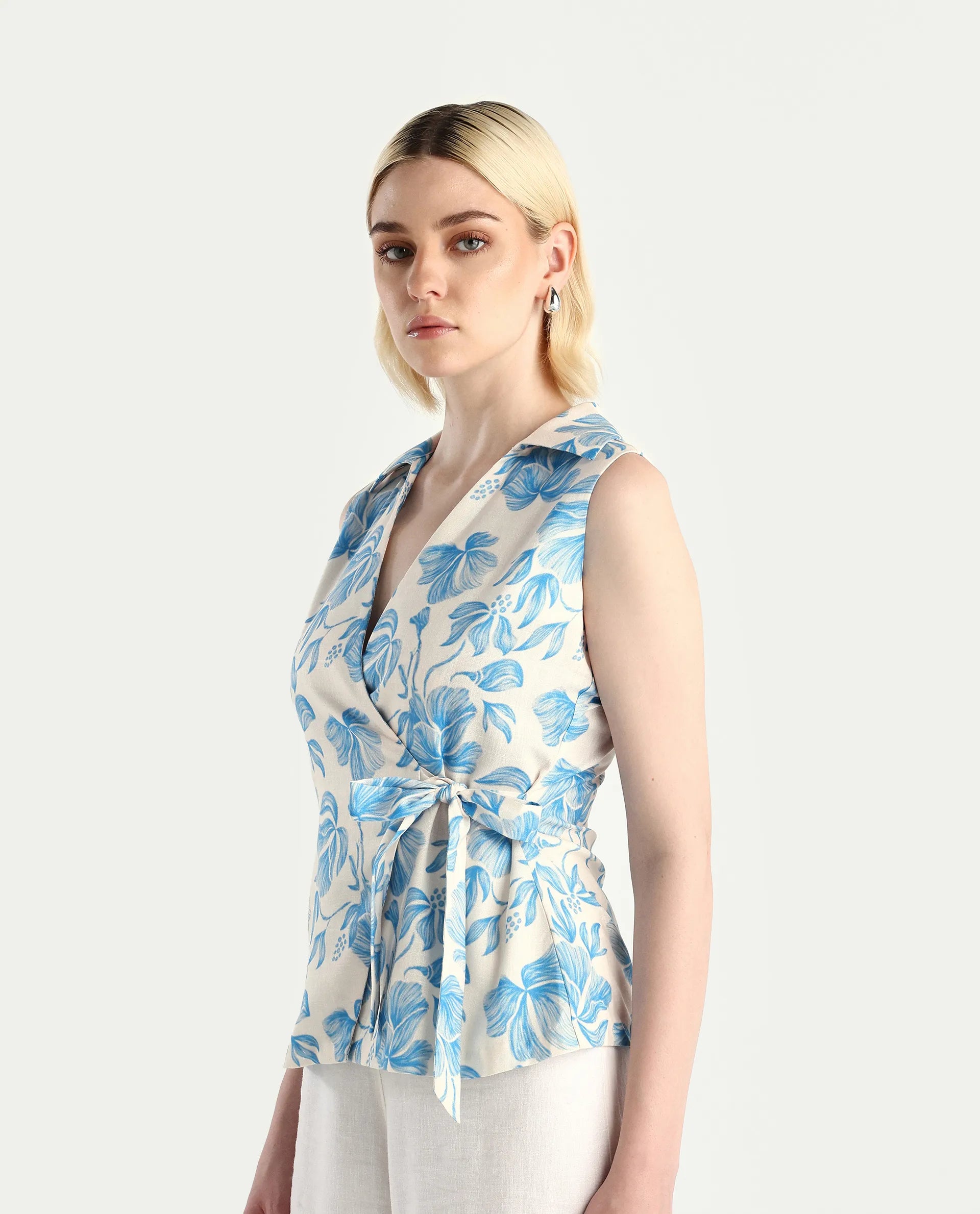 Rareism Women's Marlapi Blue Polyester Jonny Collar Fitted Top