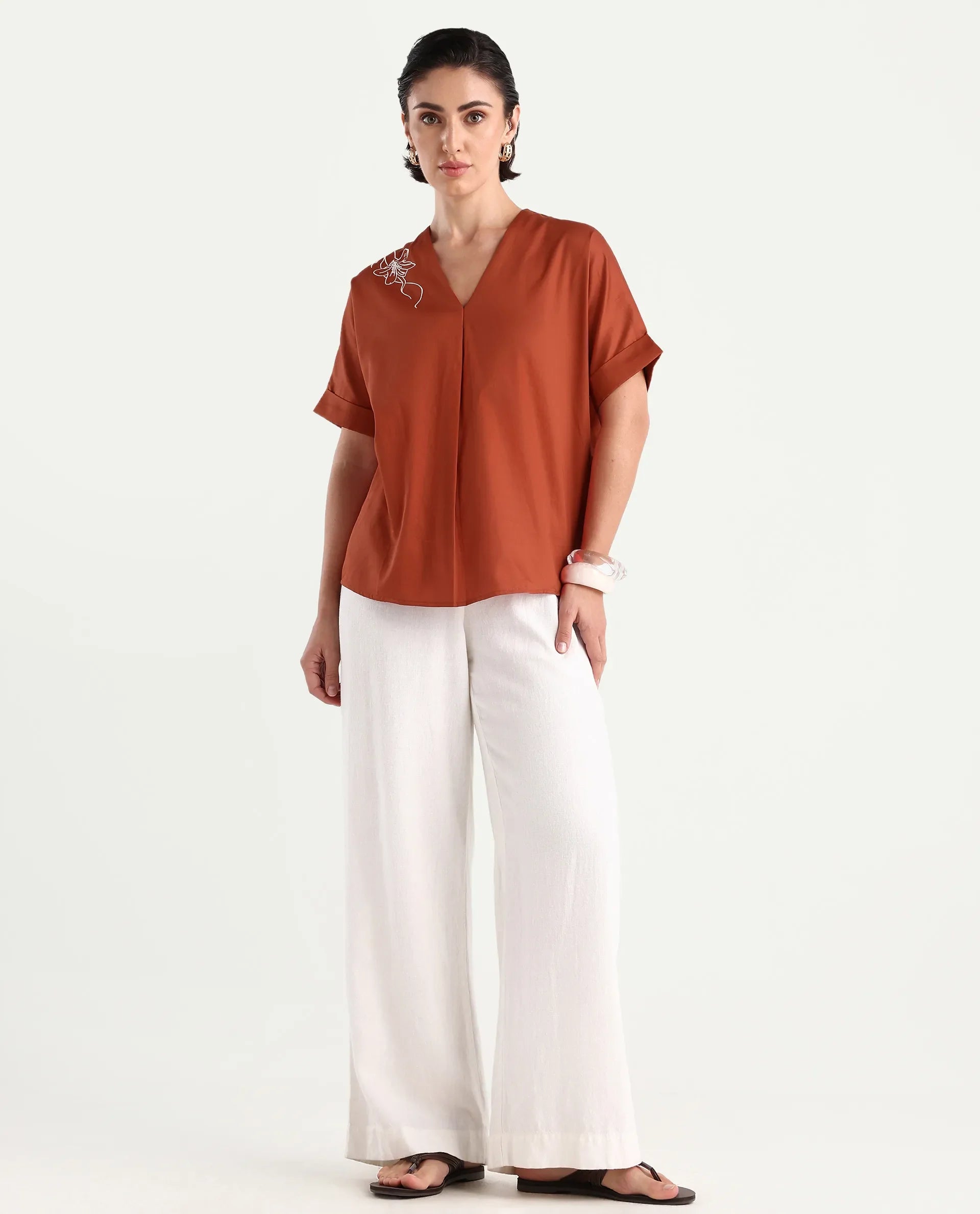 Rareism Women's Mars Rust Cotton V-Neck Boxy Fit Top