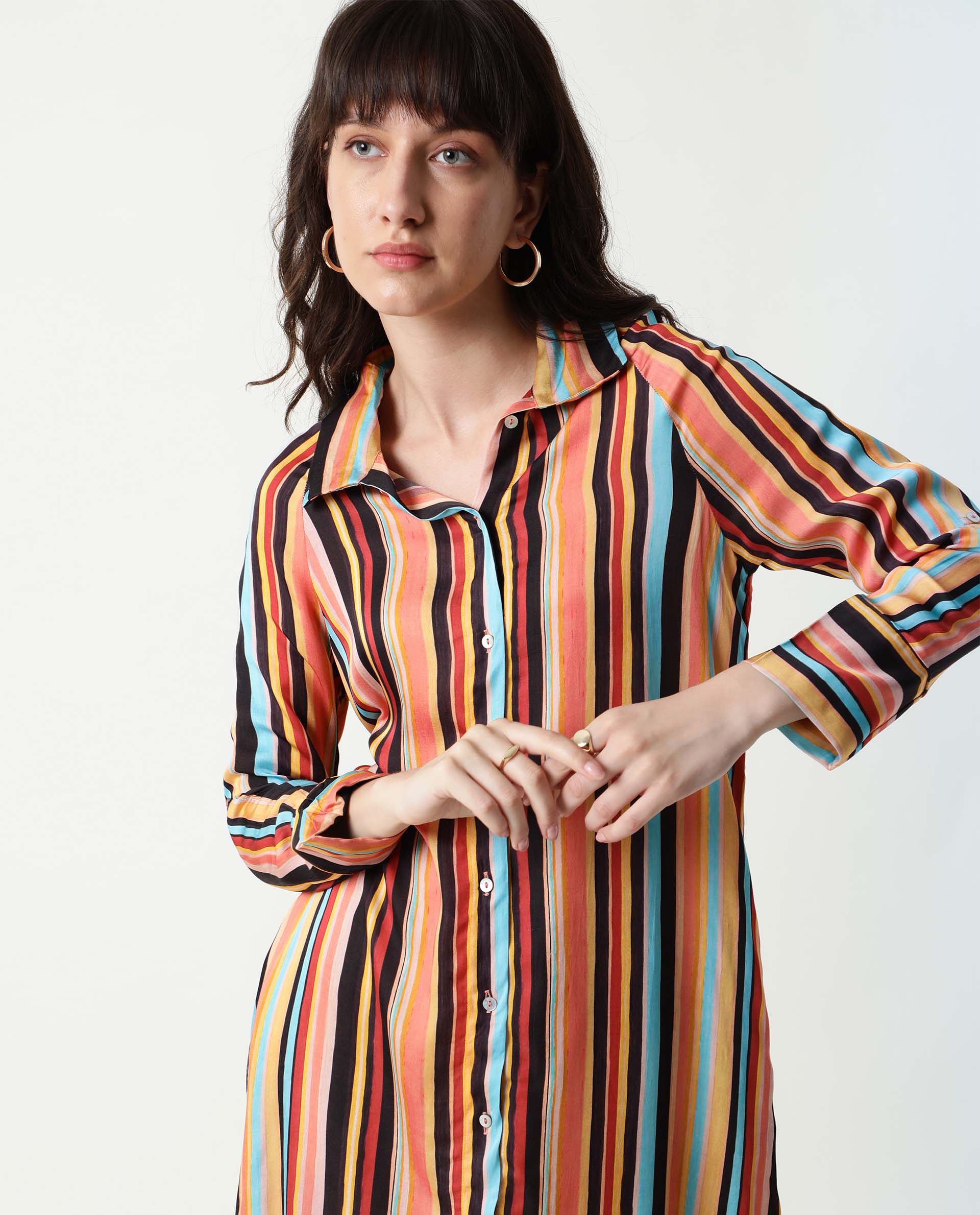 Rareism Women's Mathers Brown Spread Collar Striped Knee Length Regular Fit Dress