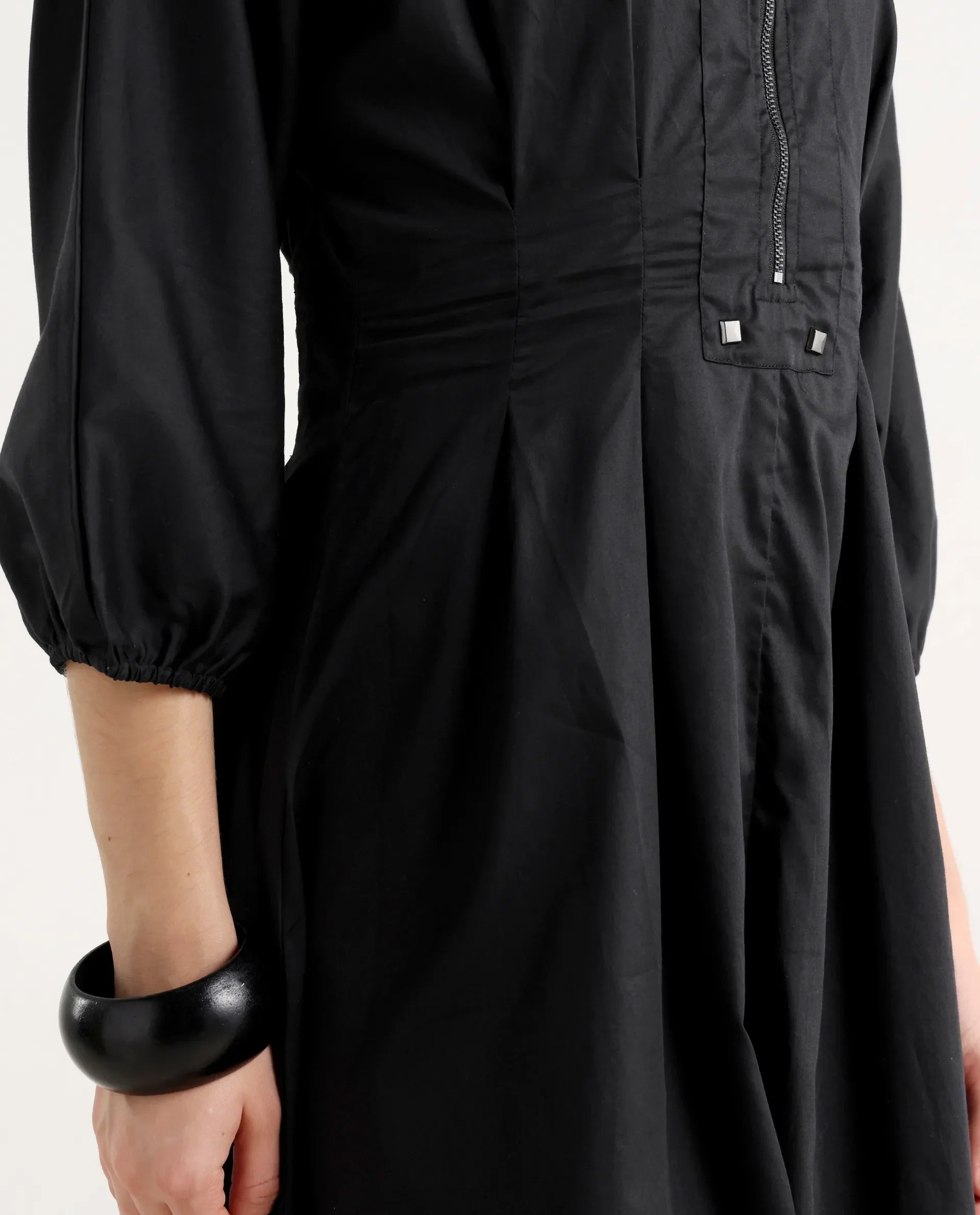 Rareism Women's Mayem Black Cotton Crew Neck Plain Volume Sleeve Knee Length Fit And Flare Dress