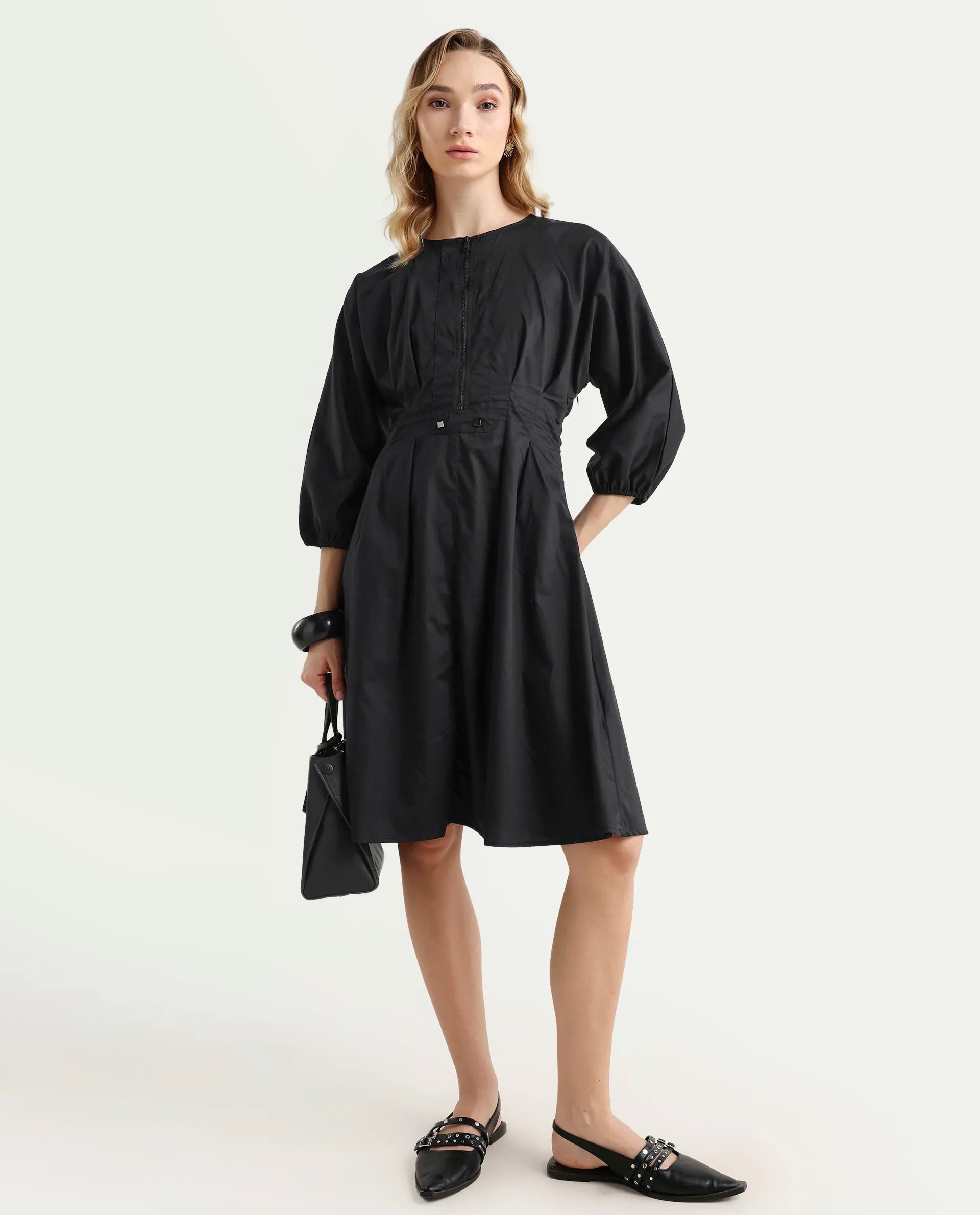 Rareism Women's Mayem Black Cotton Crew Neck Plain Volume Sleeve Knee Length Fit And Flare Dress