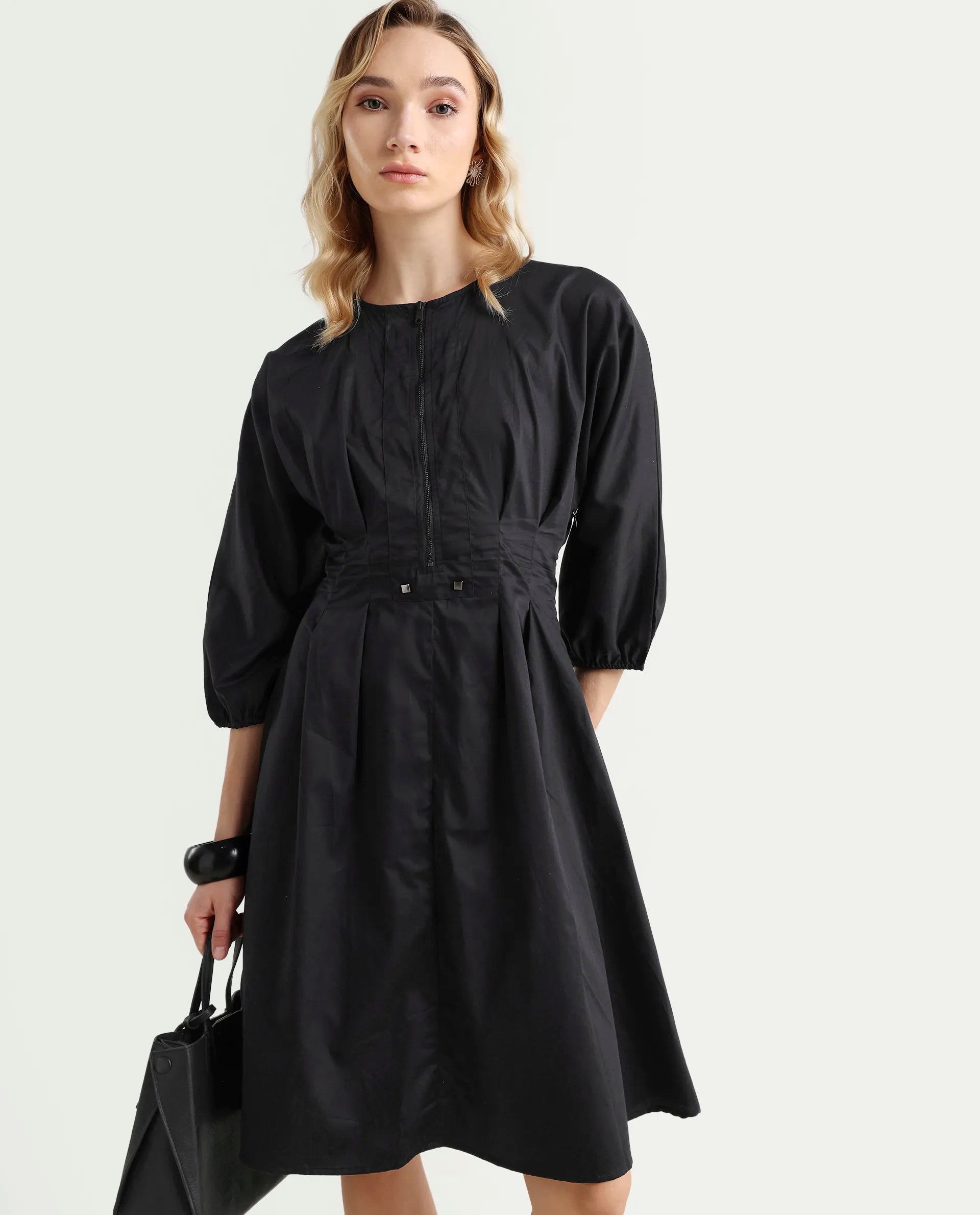 Rareism Women's Mayem Black Cotton Crew Neck Plain Volume Sleeve Knee Length Fit And Flare Dress