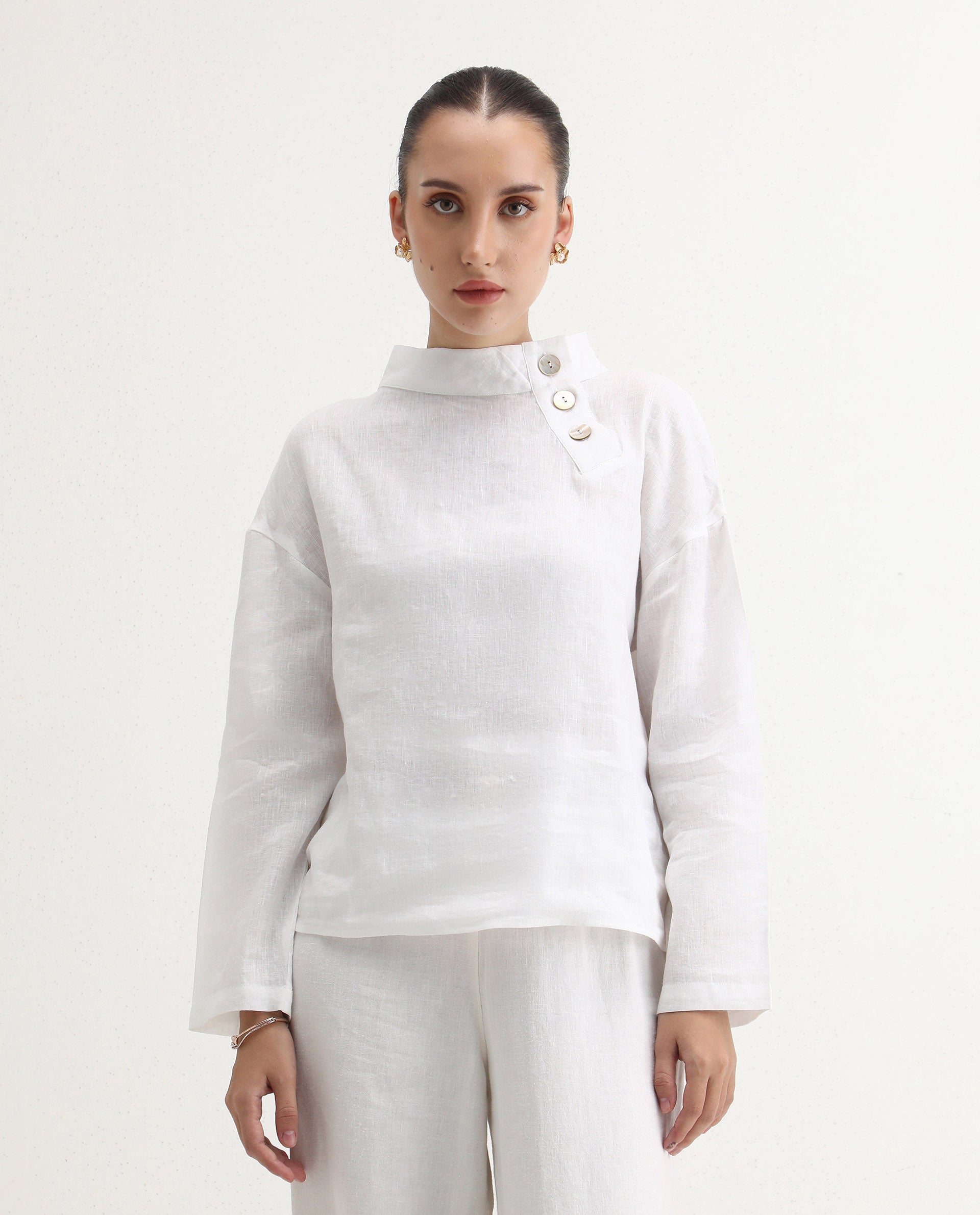 Rareism Women's Mayotte White Linen Mandarin Collar Plain Relaxed Fit Top