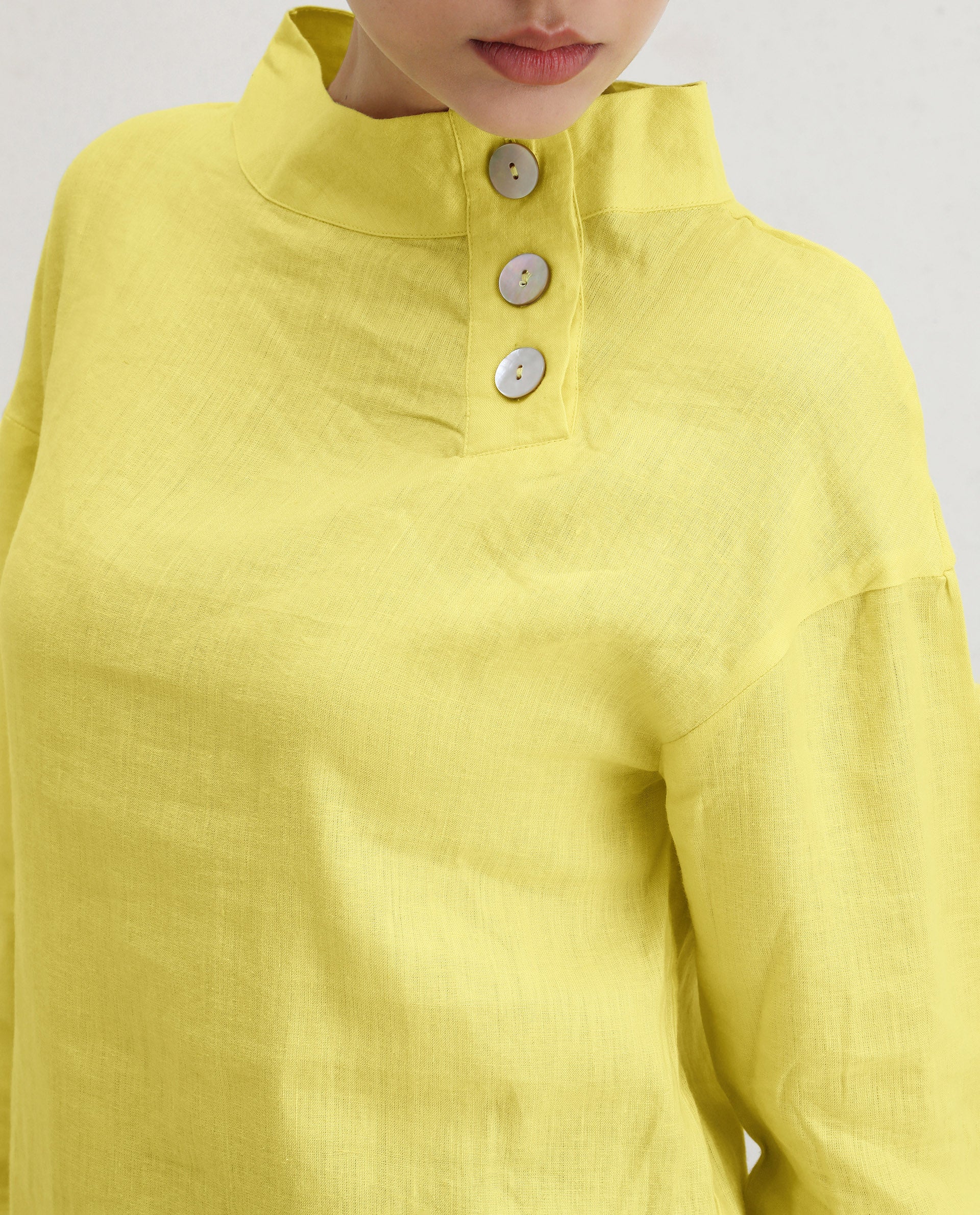 Rareism Women's Mayotte Pastel Yellow Linen Mandarin Collar Plain Relaxed Fit Top