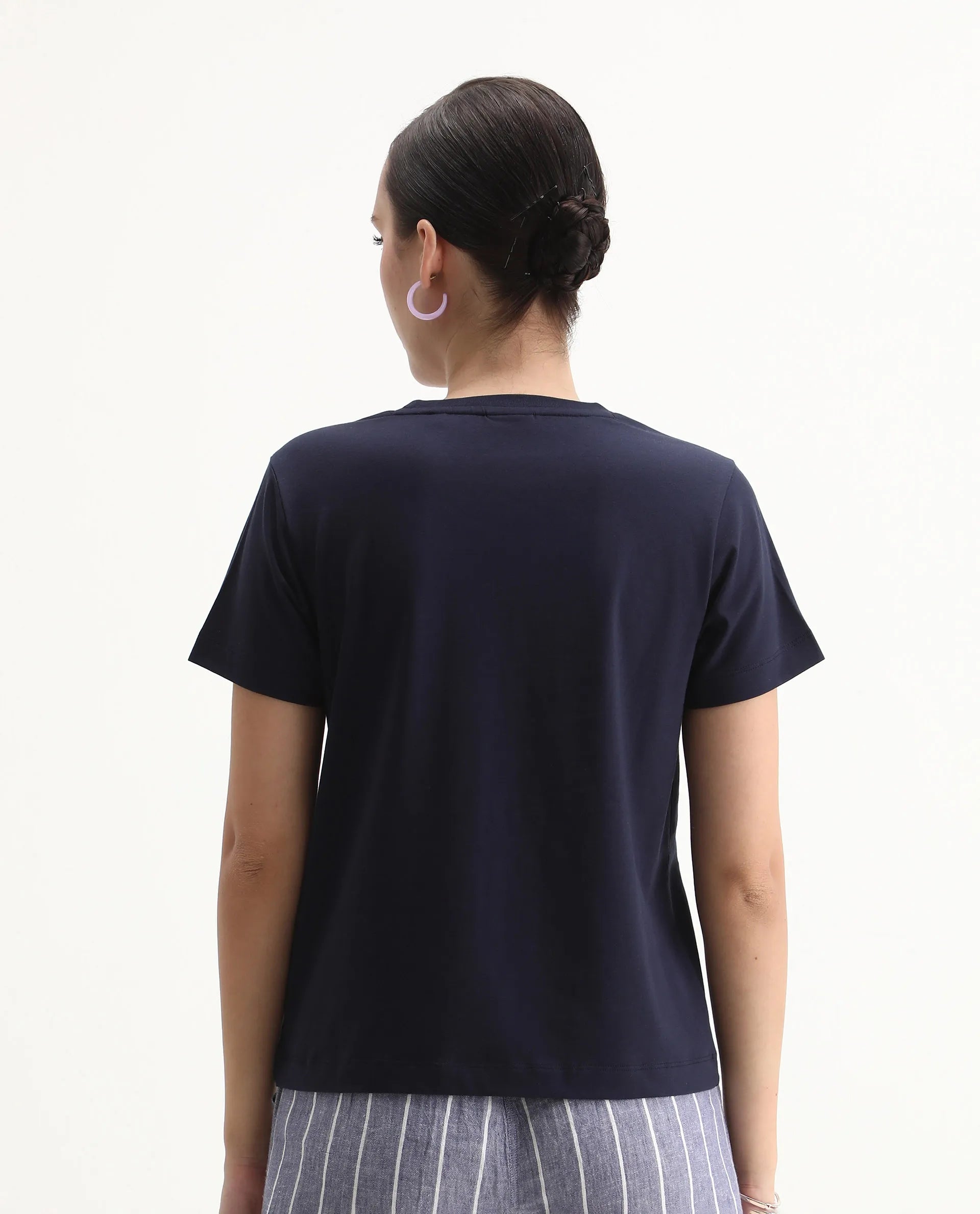 Rareism Women's Mer Navy Cotton Blend Crew Neck Regular Fit Printed T-Shirt