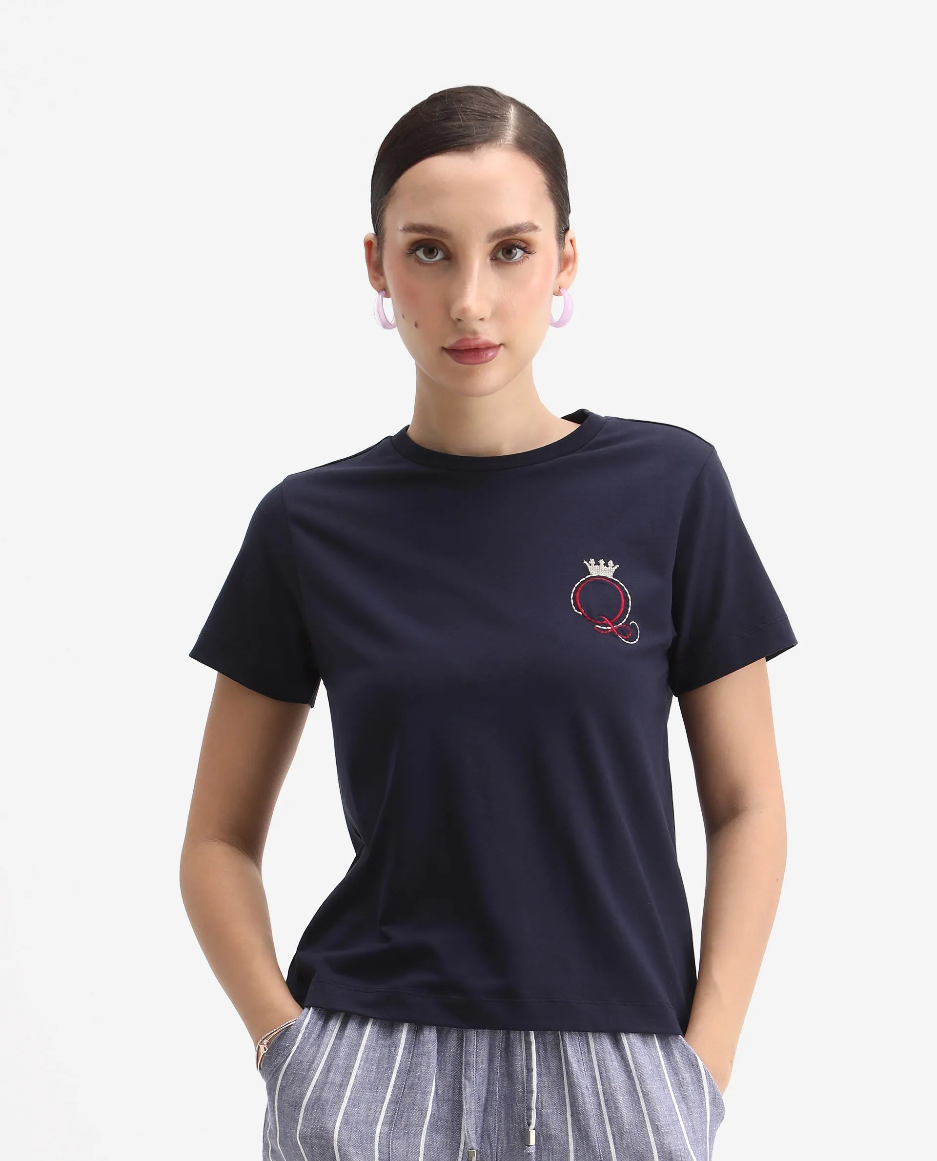 Rareism Women's Mer Navy Cotton Blend Crew Neck Regular Fit Printed T-Shirt