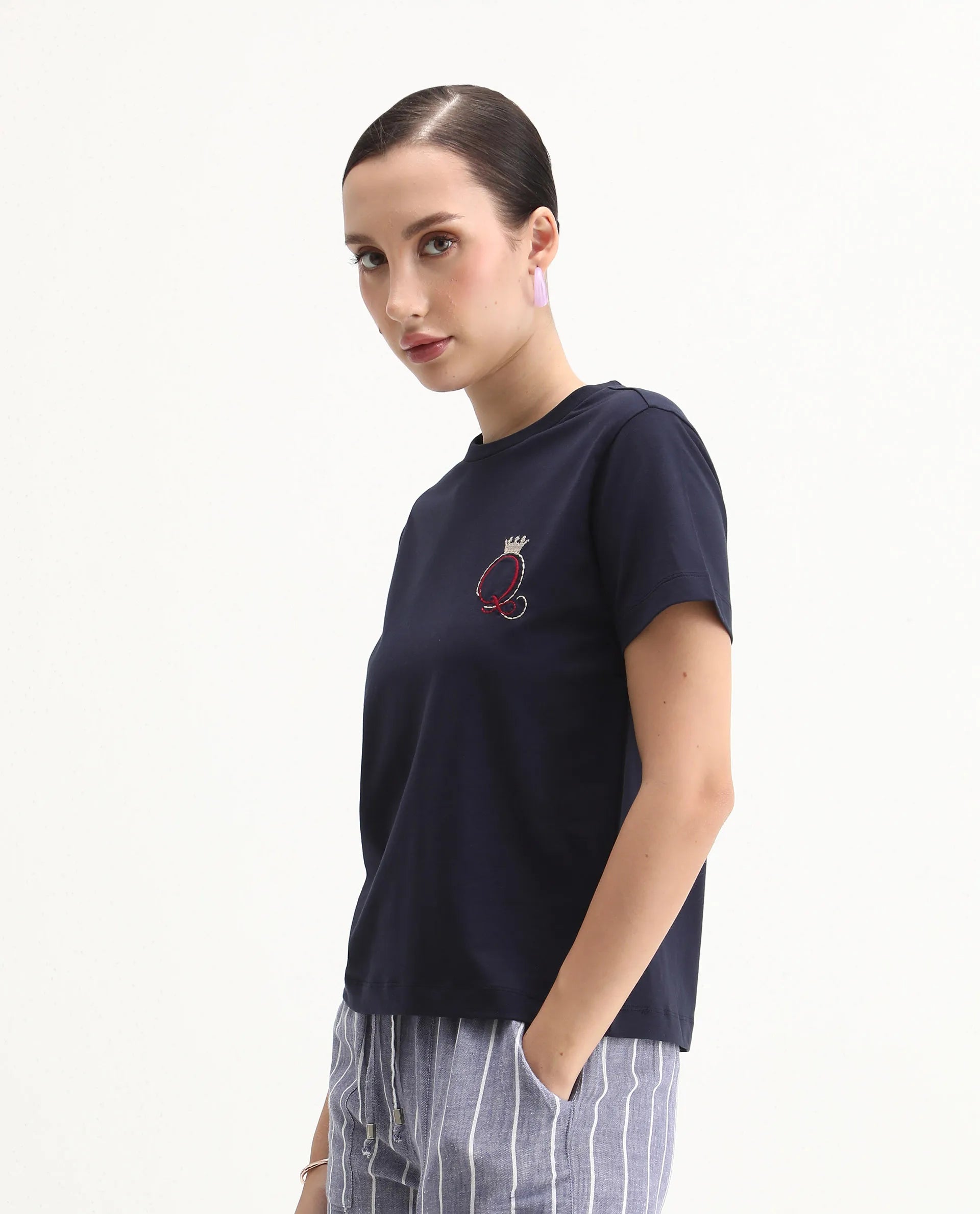 Rareism Women's Mer Navy Cotton Blend Crew Neck Regular Fit Printed T-Shirt