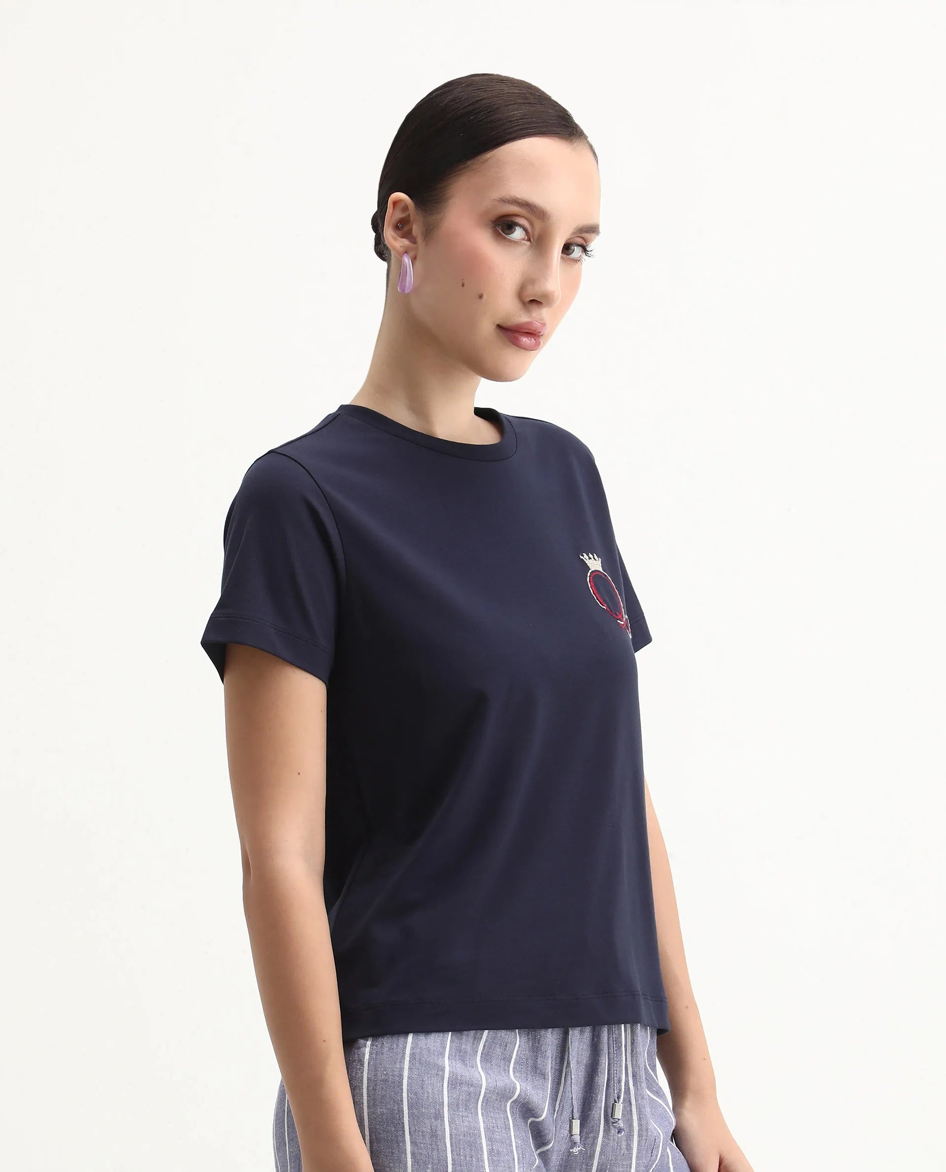 Rareism Women's Mer Navy Cotton Blend Crew Neck Regular Fit Printed T-Shirt