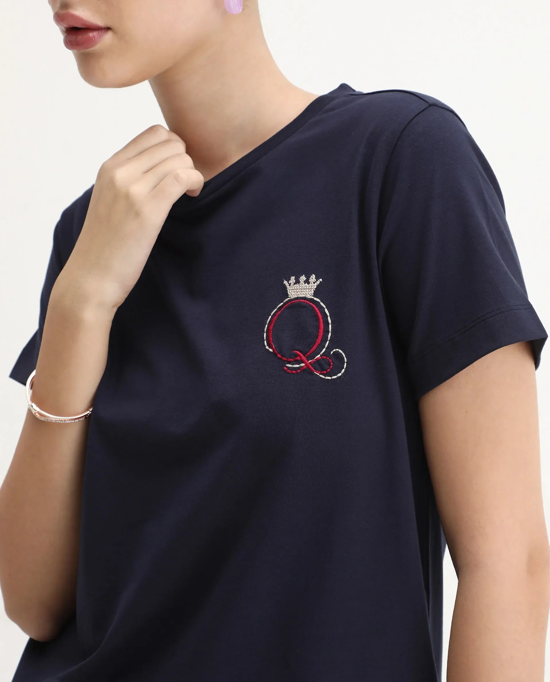 Rareism Women's Mer Navy Cotton Blend Crew Neck Regular Fit Printed T-Shirt