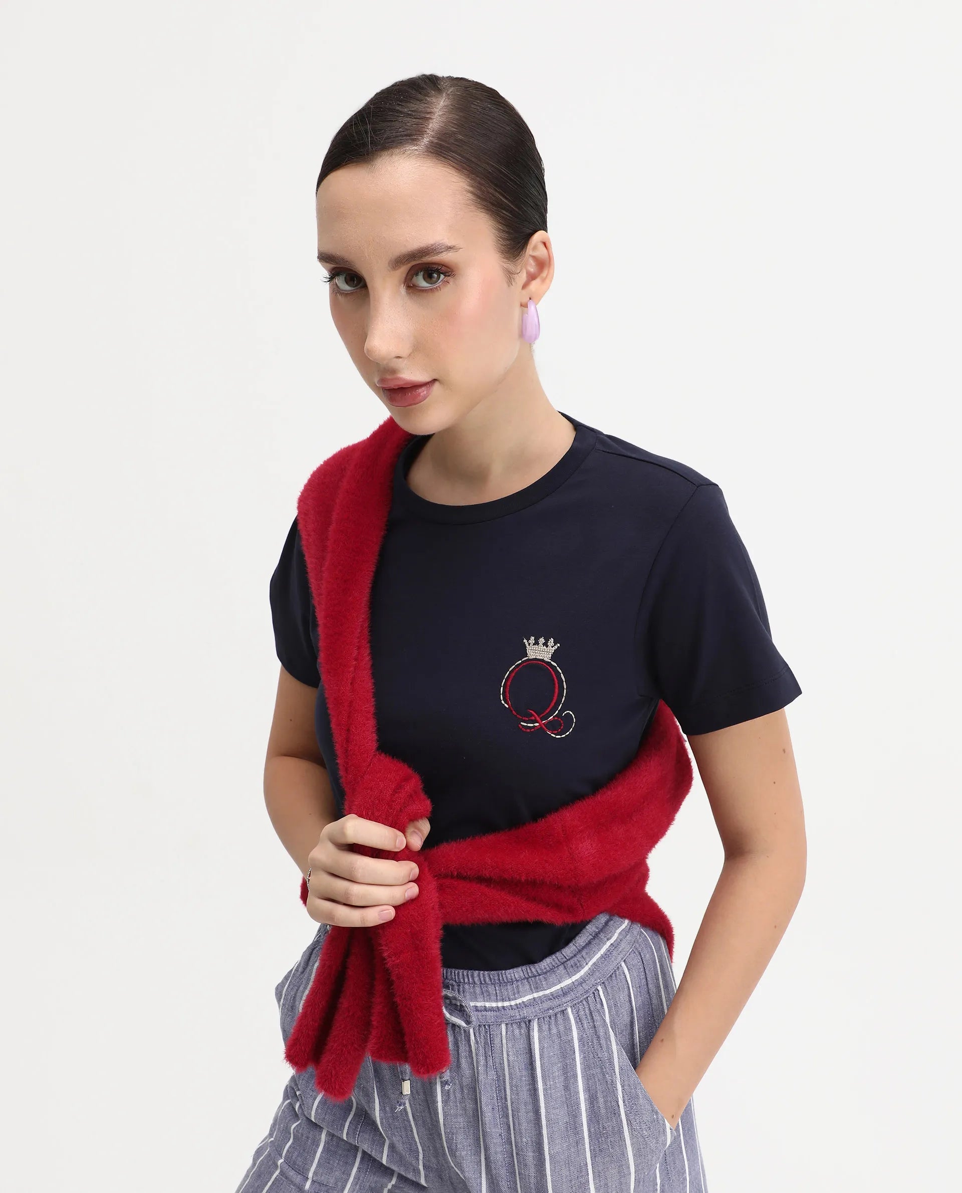 Rareism Women's Mer Navy Cotton Blend Crew Neck Regular Fit Printed T-Shirt