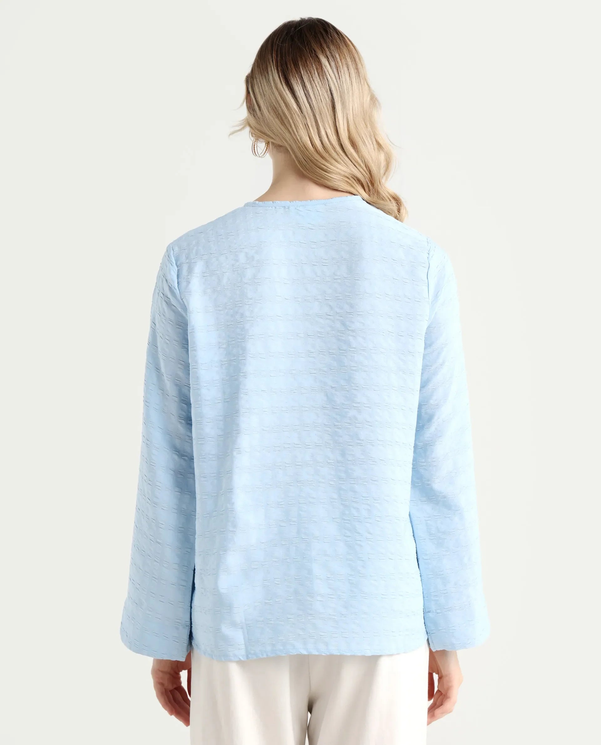 Rareism Women's Metio Blue Polyester Blend Tie-Up Neck Plain Relaxed Fit Top
