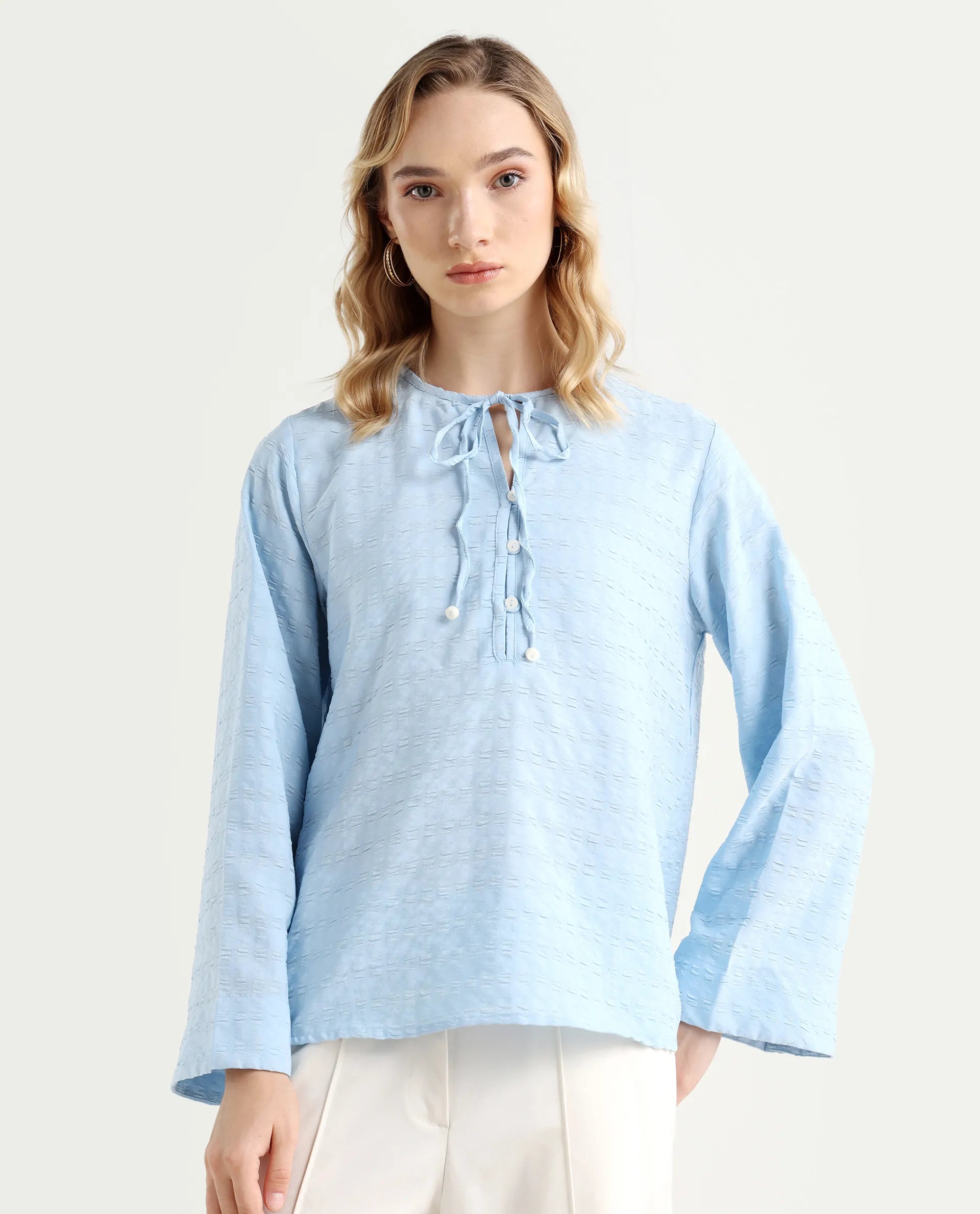 Rareism Women's Metio Blue Polyester Blend Tie-Up Neck Plain Relaxed Fit Top