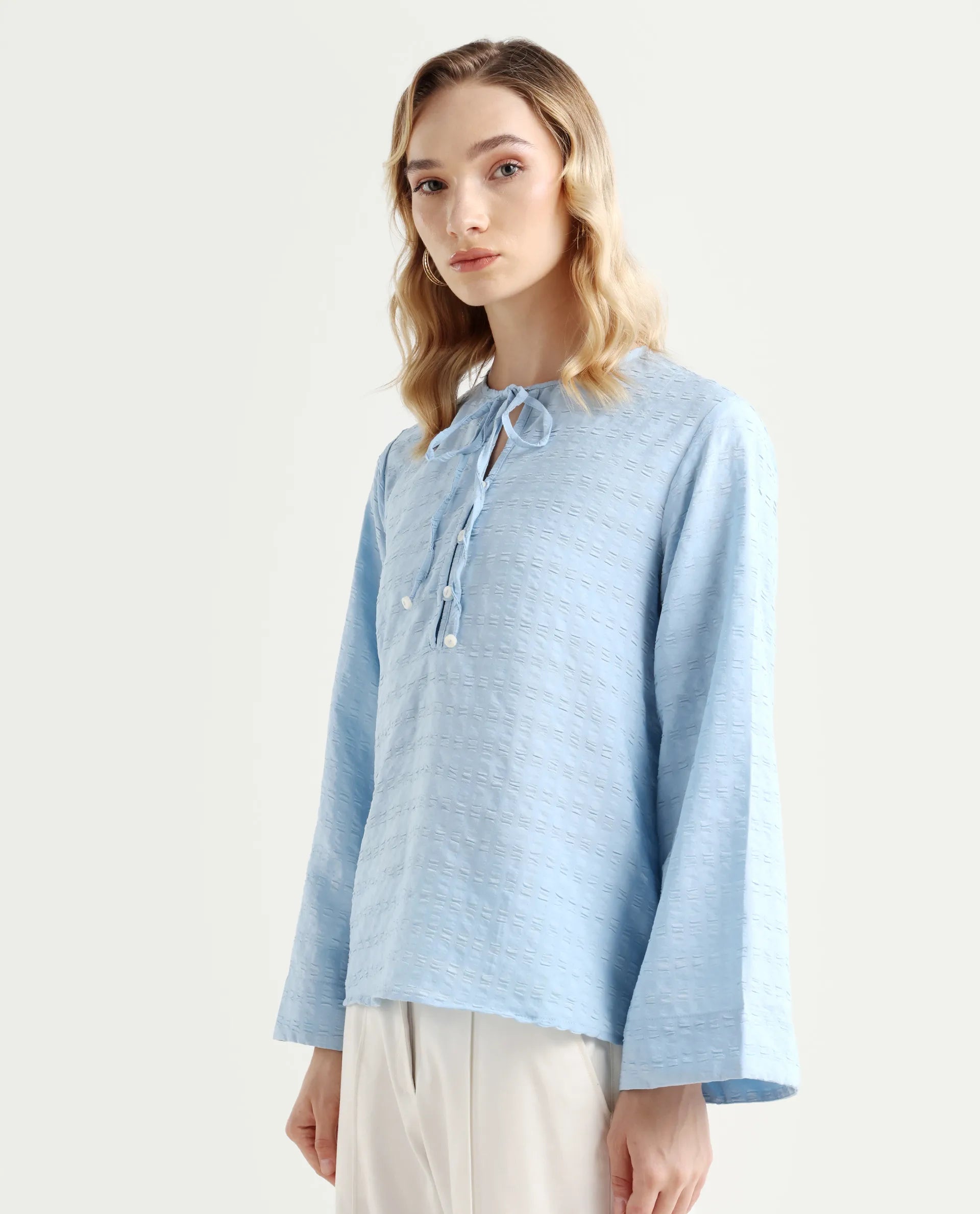 Rareism Women's Metio Blue Polyester Blend Tie-Up Neck Plain Relaxed Fit Top