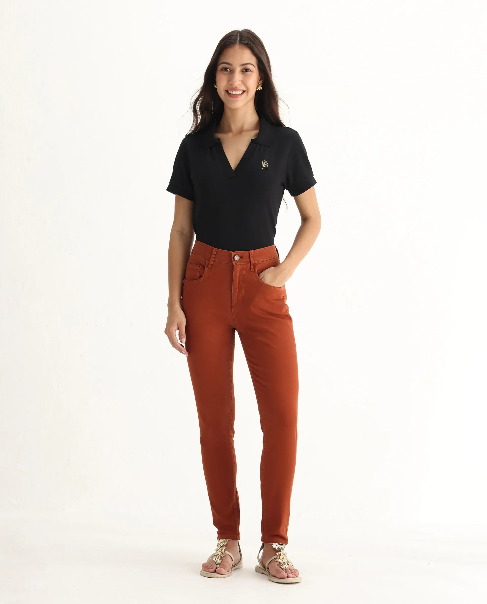 Rareism Women's Metty Rust Cotton Blend Plain Ankle Length Slim Fit Jeans