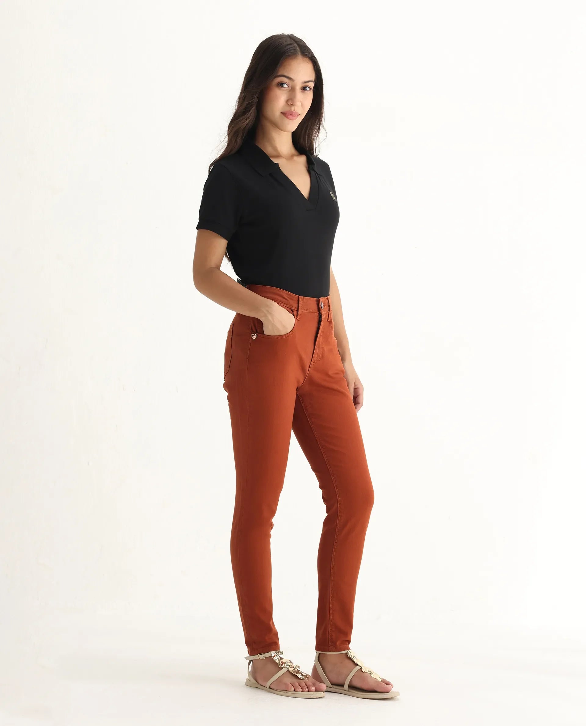 Rareism Women's Metty Rust Cotton Blend Plain Ankle Length Slim Fit Jeans