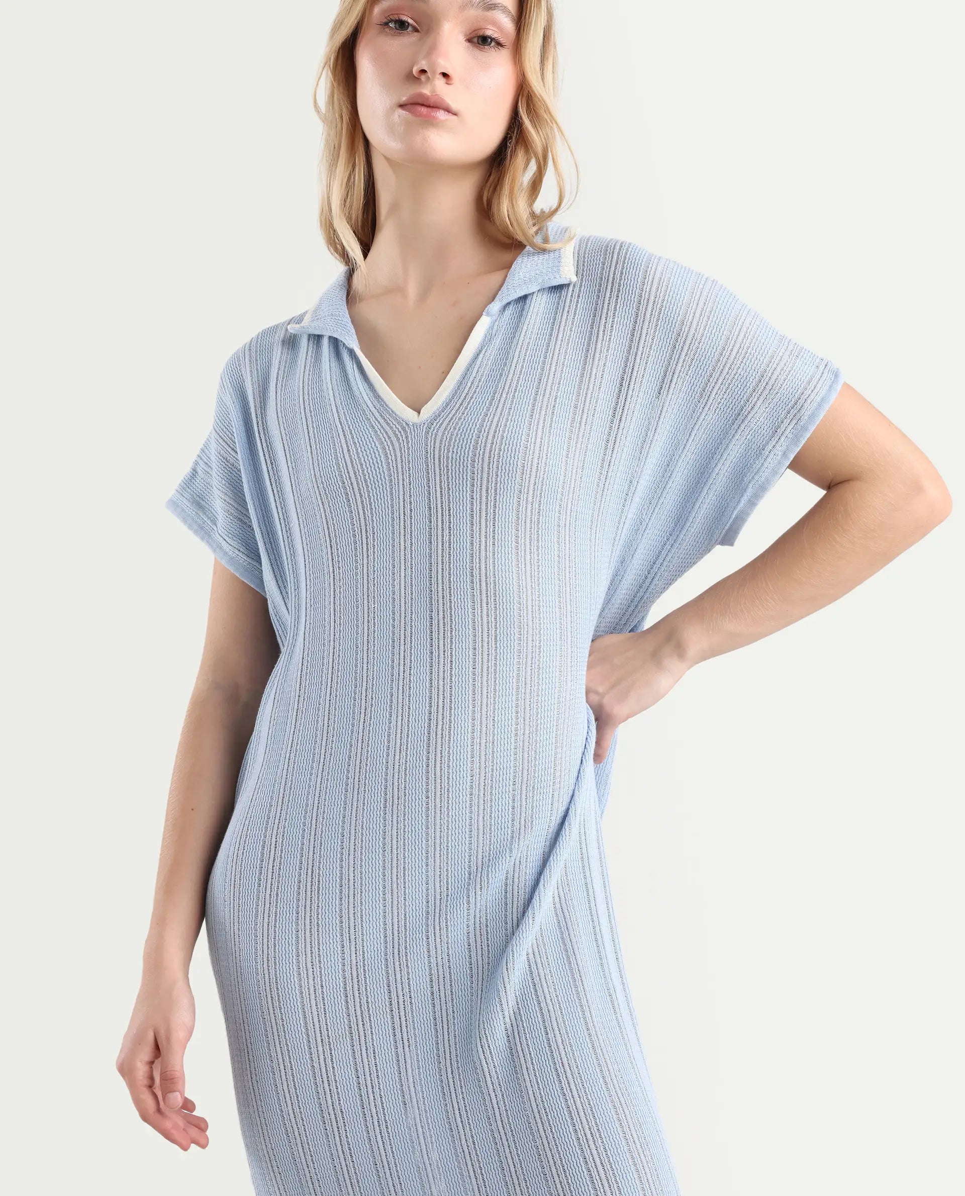 Rareism Women's Meyora Light Blue Cotton Johnny Collar Plain Extended Sleeves Maxi Bodycon Dress