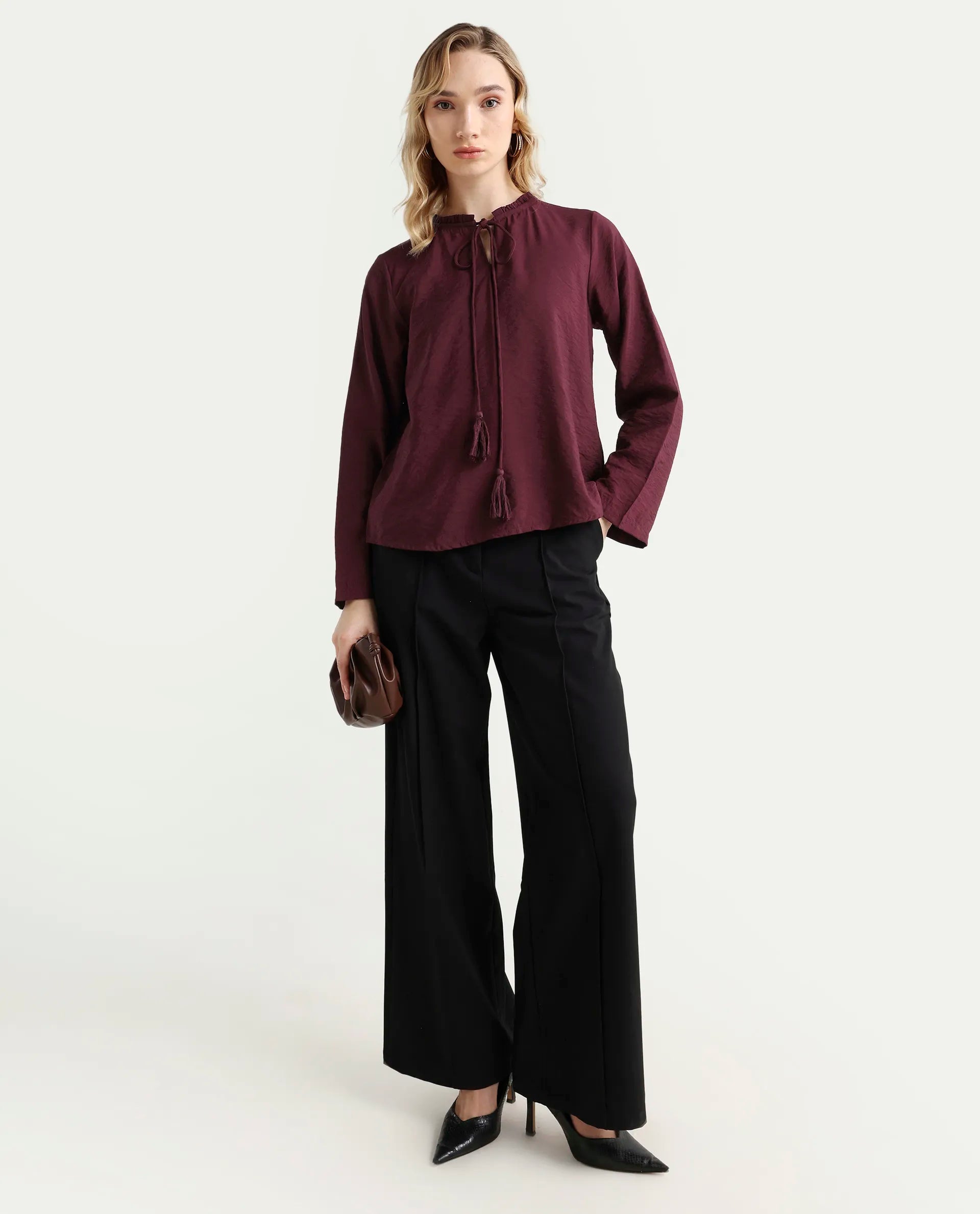 Rareism Women's Mili Maroon Nylon Blend Sweetheart Neck Plain Ruffled Sleeve Regular Fit Top