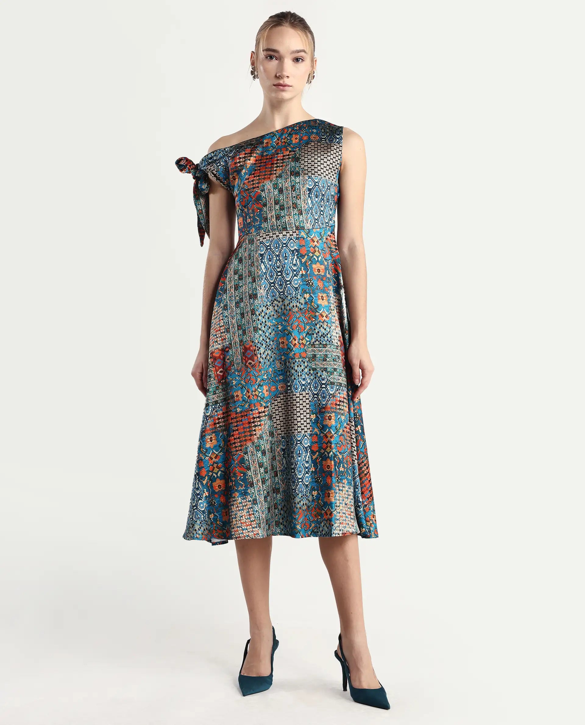 Rareism Women's Minican Multi Satin Asymmetric Neck Abstract Print Tie Up Sleeve Midi Asymmetric Dress