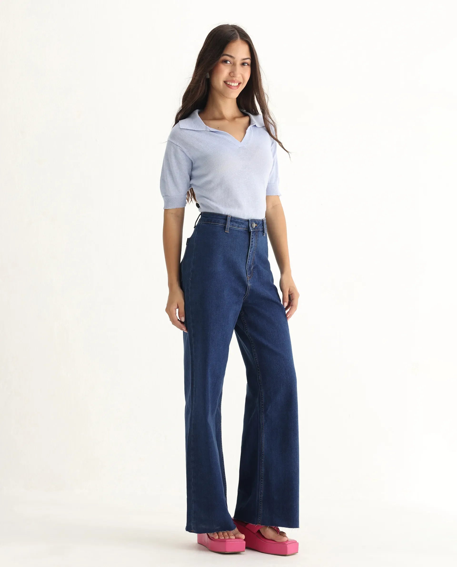 Rareism Women's Miniko Dark Blue Cotton Blend Plain Ankle Length Effortless Wide Jeans