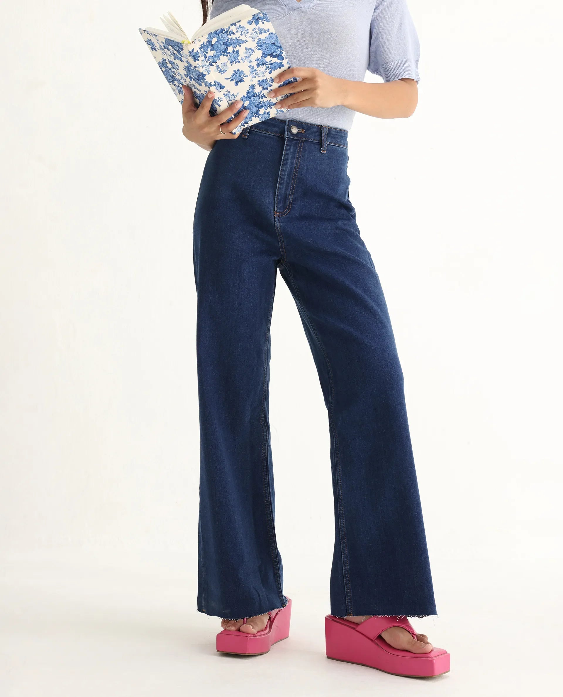 Rareism Women's Miniko Dark Blue Cotton Blend Plain Ankle Length Effortless Wide Jeans