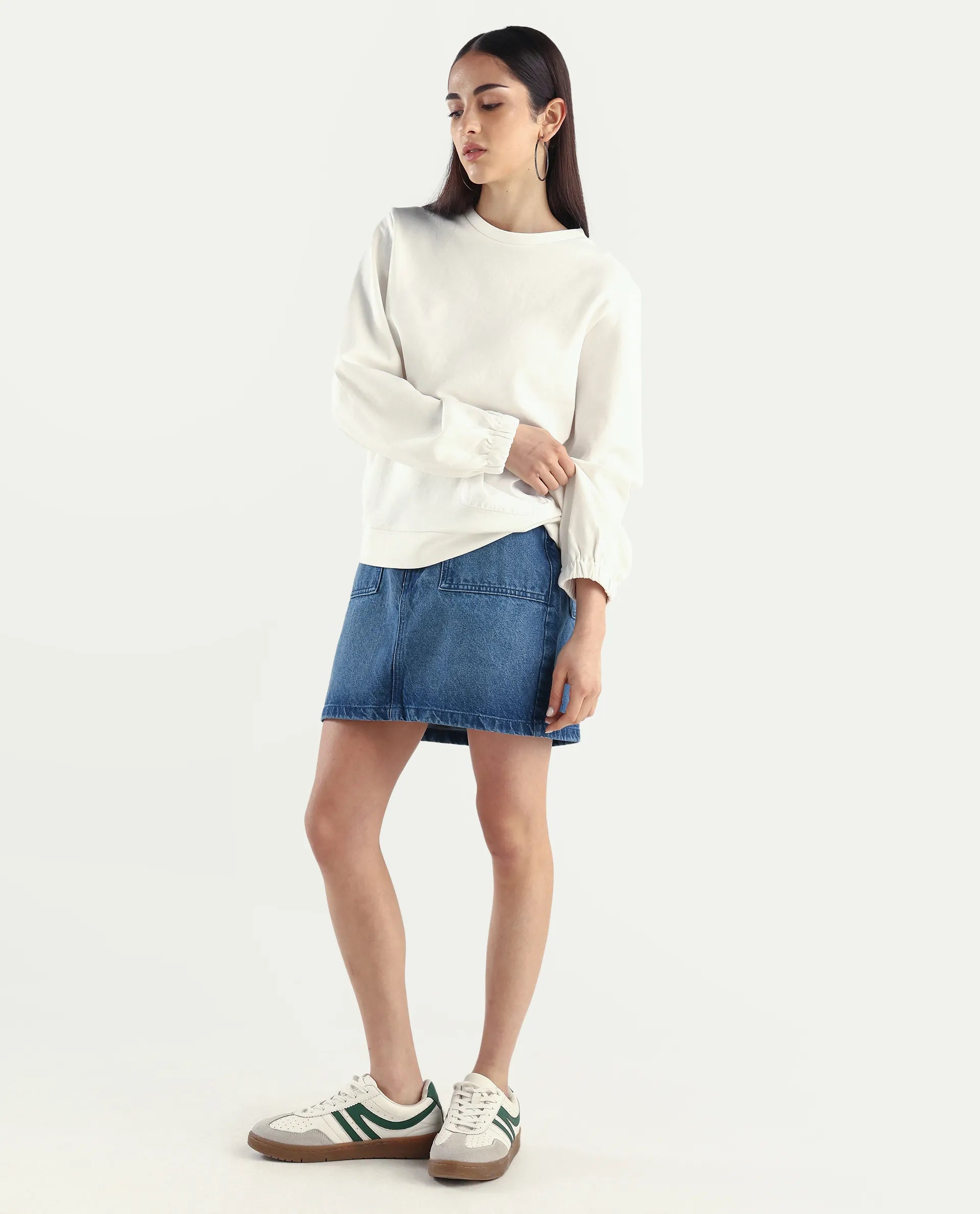 Rareism Women's Misky Blue Cotton Plain Mini Straight Fit Skirt