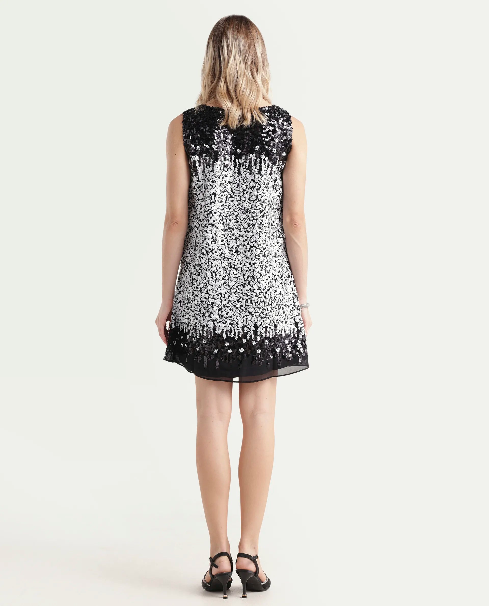 Rareism Women's Moana Sheen White Polyester V-Neck Sequined Sleeveless Mini Regular Fit Dress