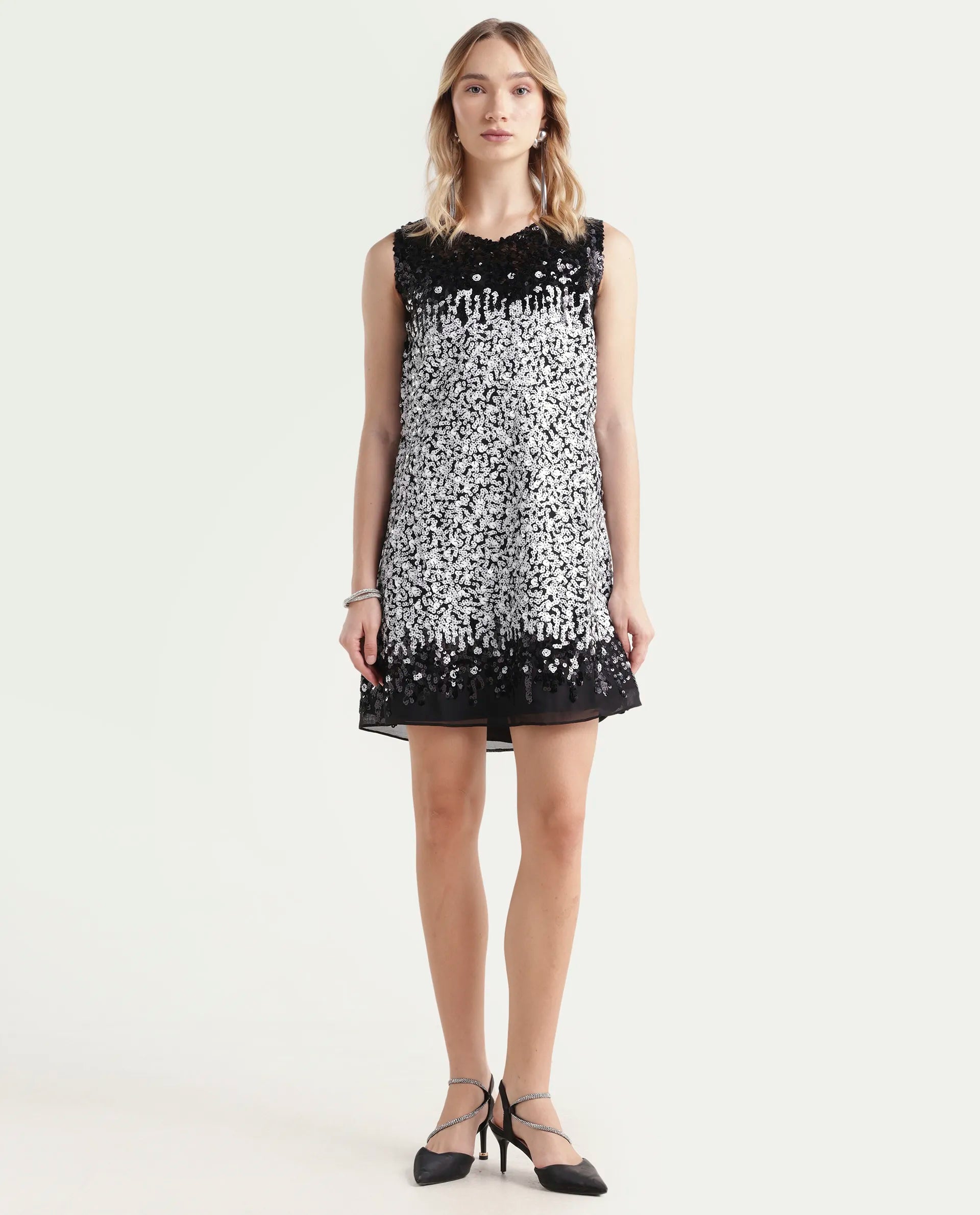 Rareism Women's Moana Sheen White Polyester V-Neck Sequined Sleeveless Mini Regular Fit Dress