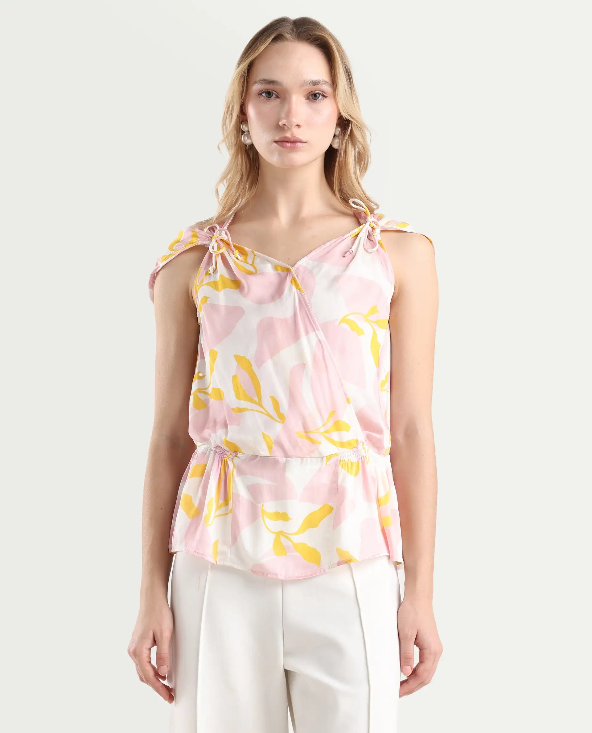 Rareism Women's Morning Pink V-Neck Abstract Print Sleeveless Knee Length Regular Fit Top