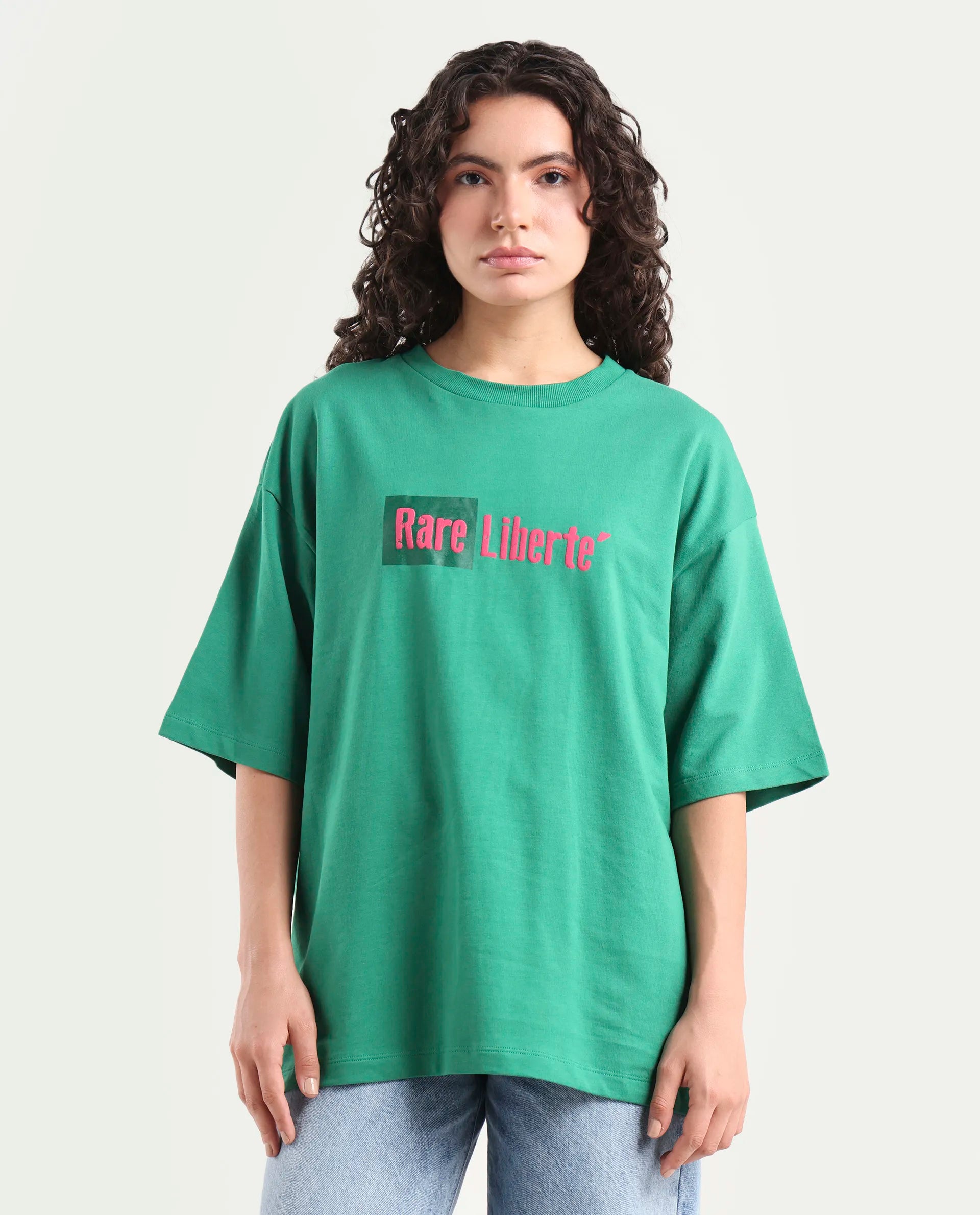 Rareism Women's Morsh Green Cotton Graphic Print Oversized T-Shirt