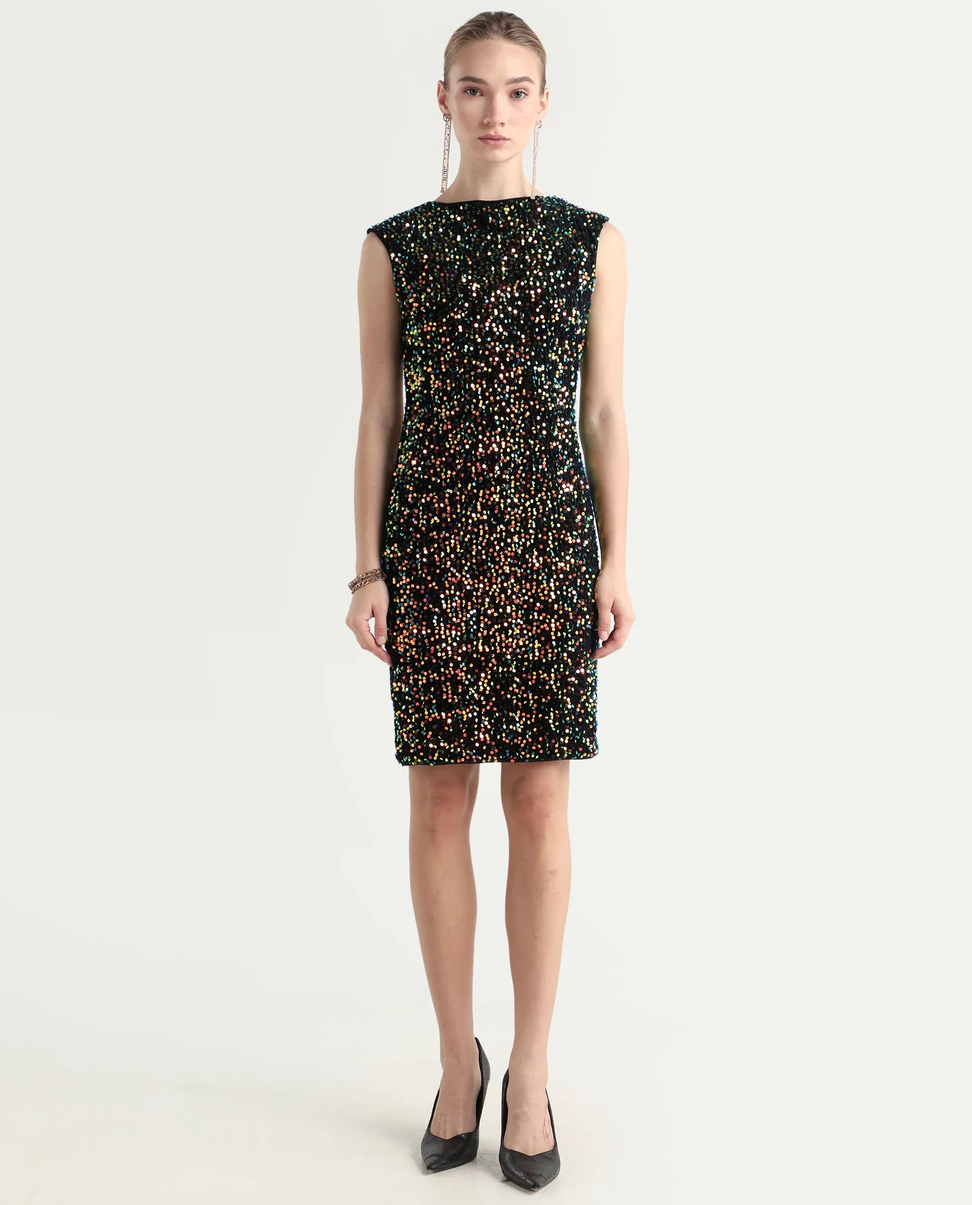 Rareism Women's Mulan Sheen Purple Polyester Crew Neck Sequined Extended Sleeves Mini Regular Fit Dress