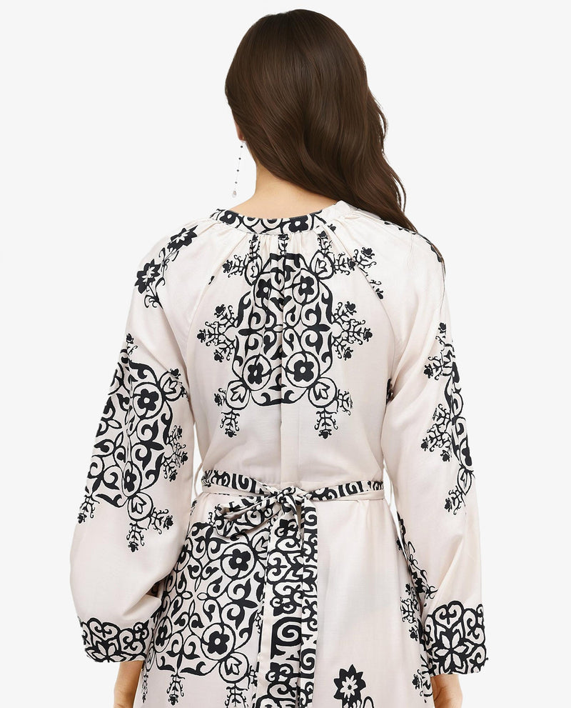 Rareism Women Myra Off White Cotton Fabric Full Sleeve V-Neck Floral Print A-Line Longline Dress