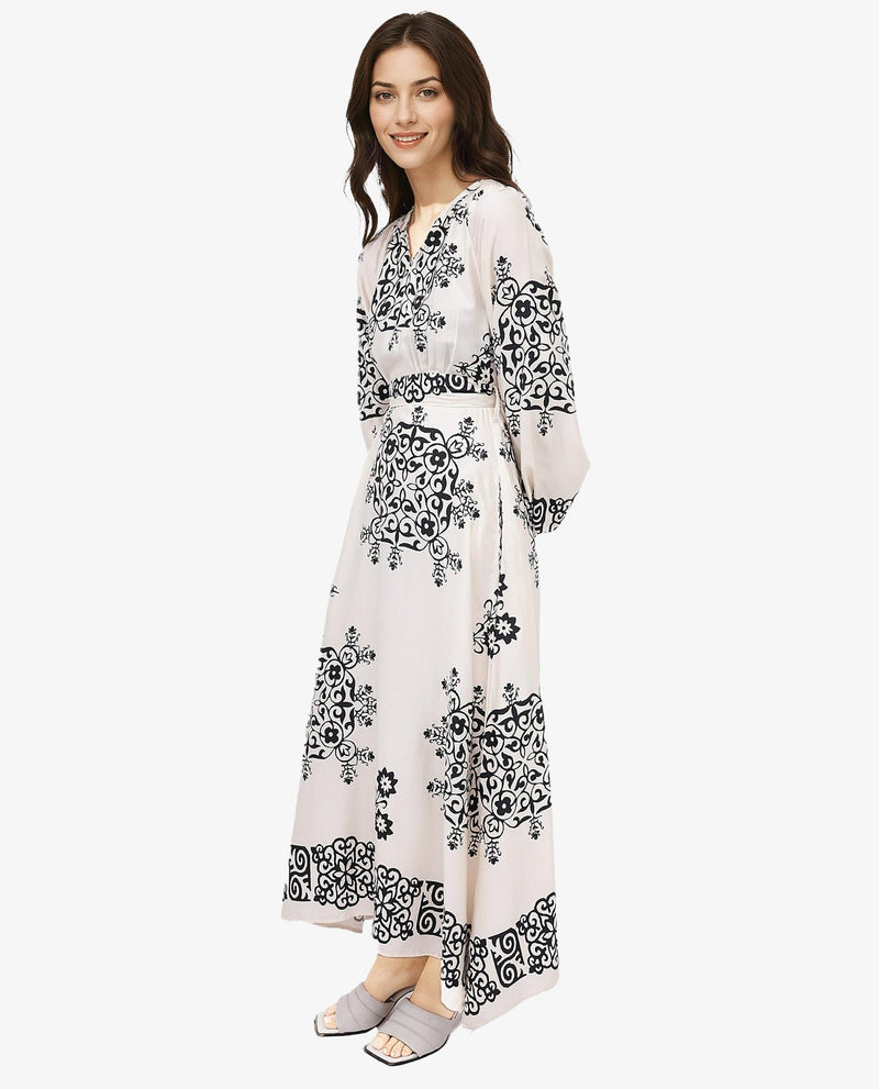 Rareism Women Myra Off White Cotton Fabric Full Sleeve V-Neck Floral Print A-Line Longline Dress