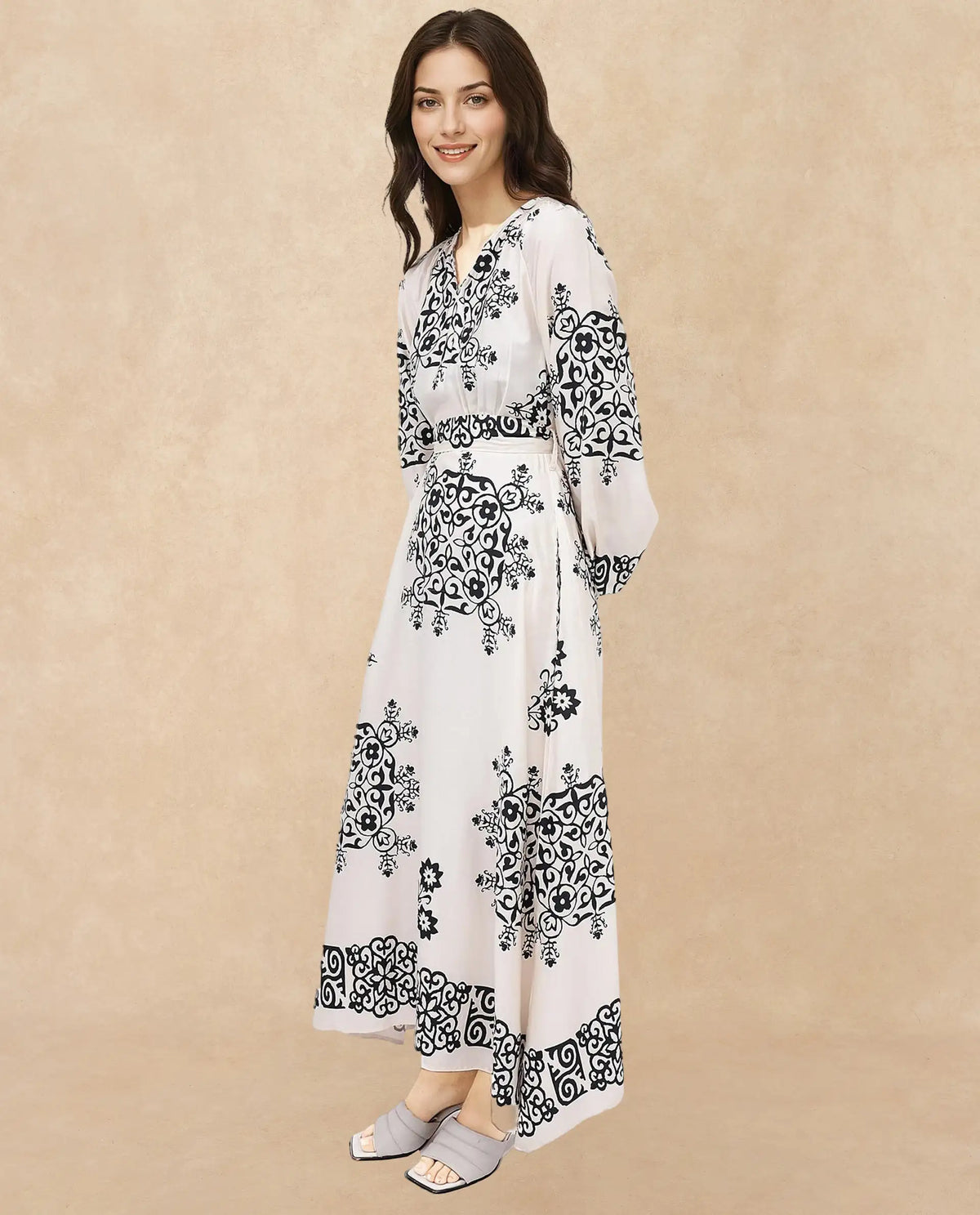 Rareism Women Myra Off White Cotton Fabric Full Sleeve V-Neck Floral Print A-Line Longline Dress