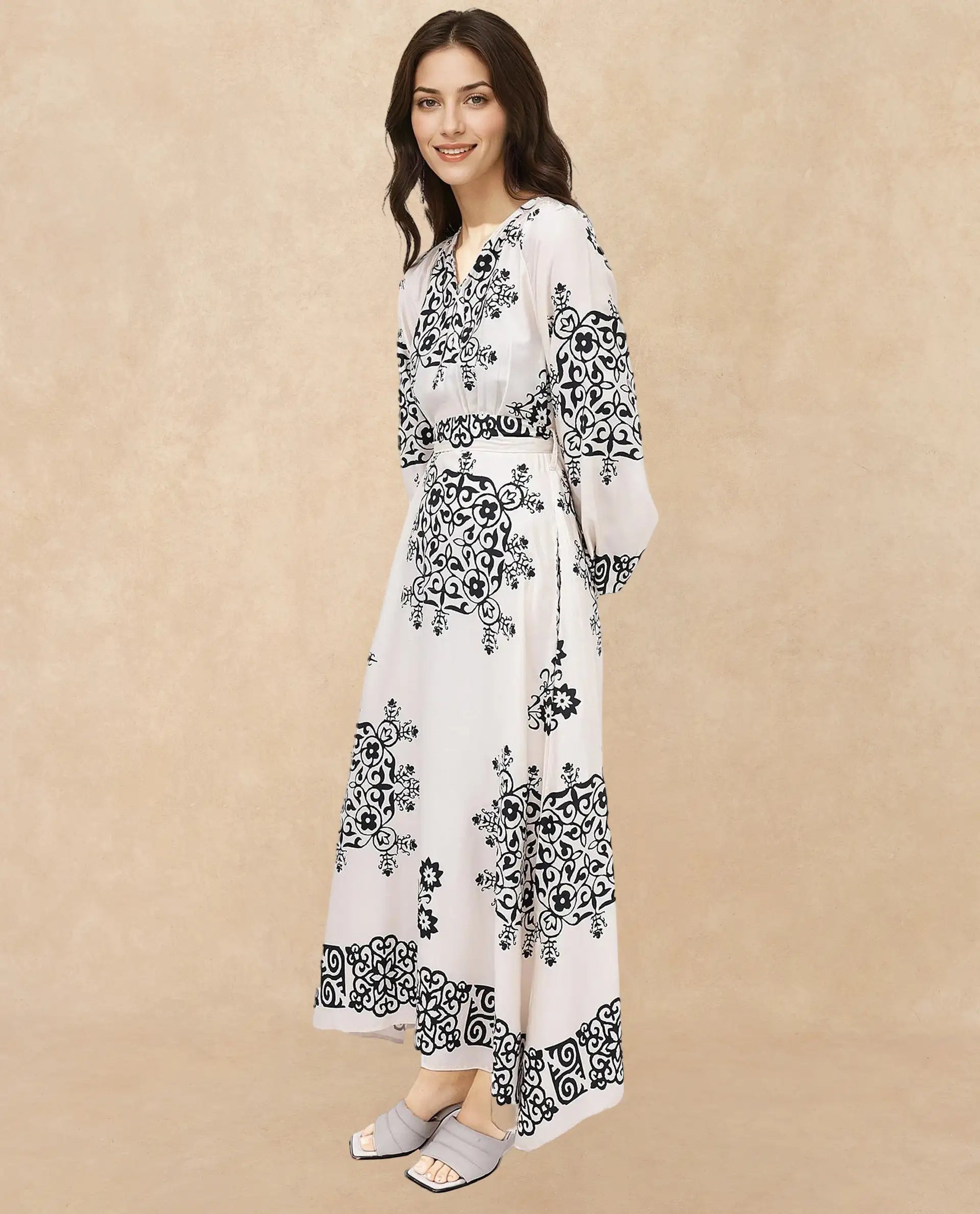 Rareism Women's Myra Off White Cotton Mandarin Collar Abstract Print Raglan Sleeve Maxi Fit And Flare Dress